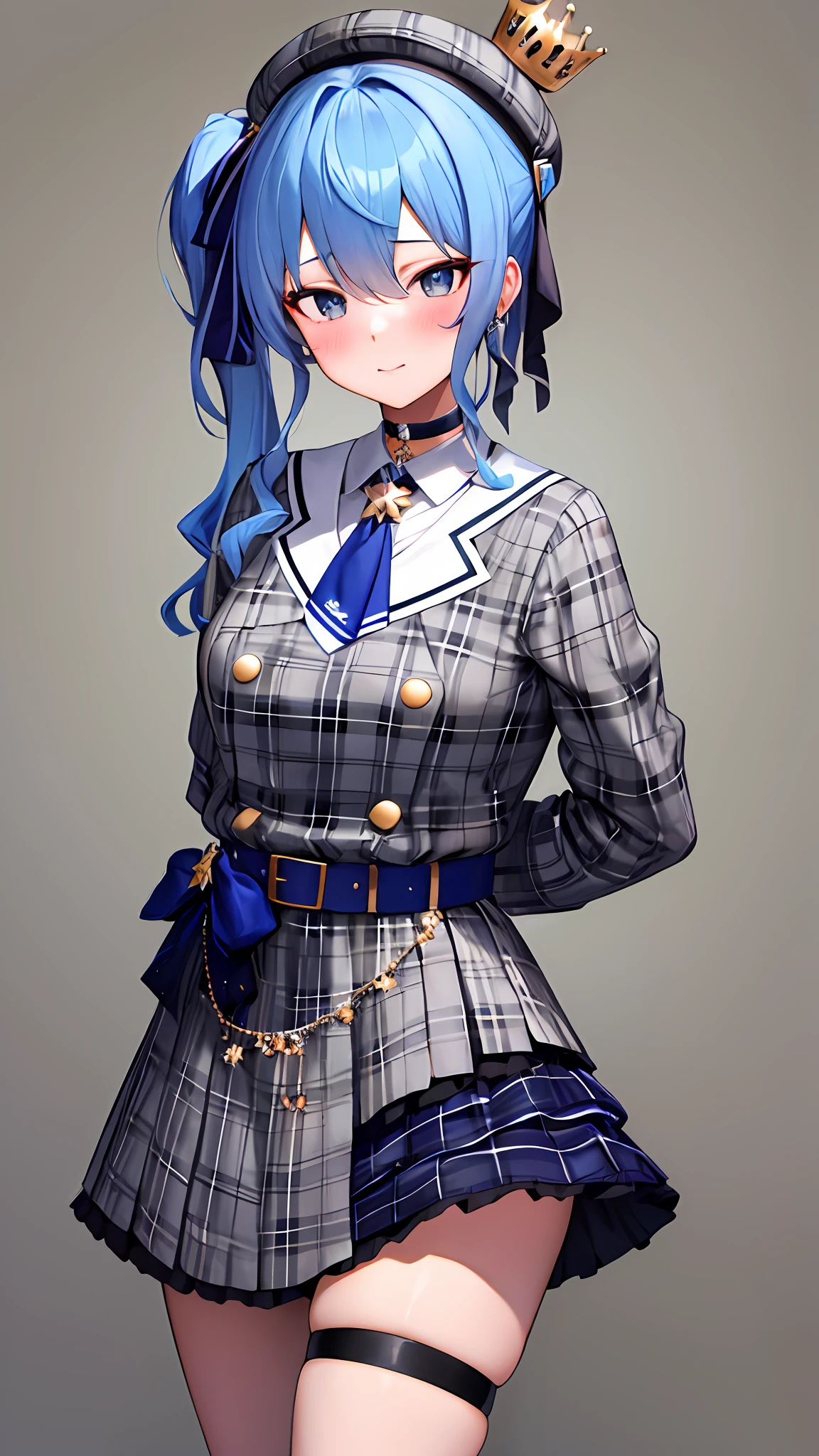 masterpiece, best quality, highres, sui1, 1girl, solo, side ponytail, hoshimachi suisei, fingerless gloves, single thighhigh, jewelry, single sock, thigh strap, bracelet, blue socks, buttons, single kneehigh, plaid dress, blue choker, blue belt, plaid skirt, mini crown, grey skirt, blue ascot, long sleeves, plaid jacket, cowboy shot, blush, sexy pose, hands behind back,