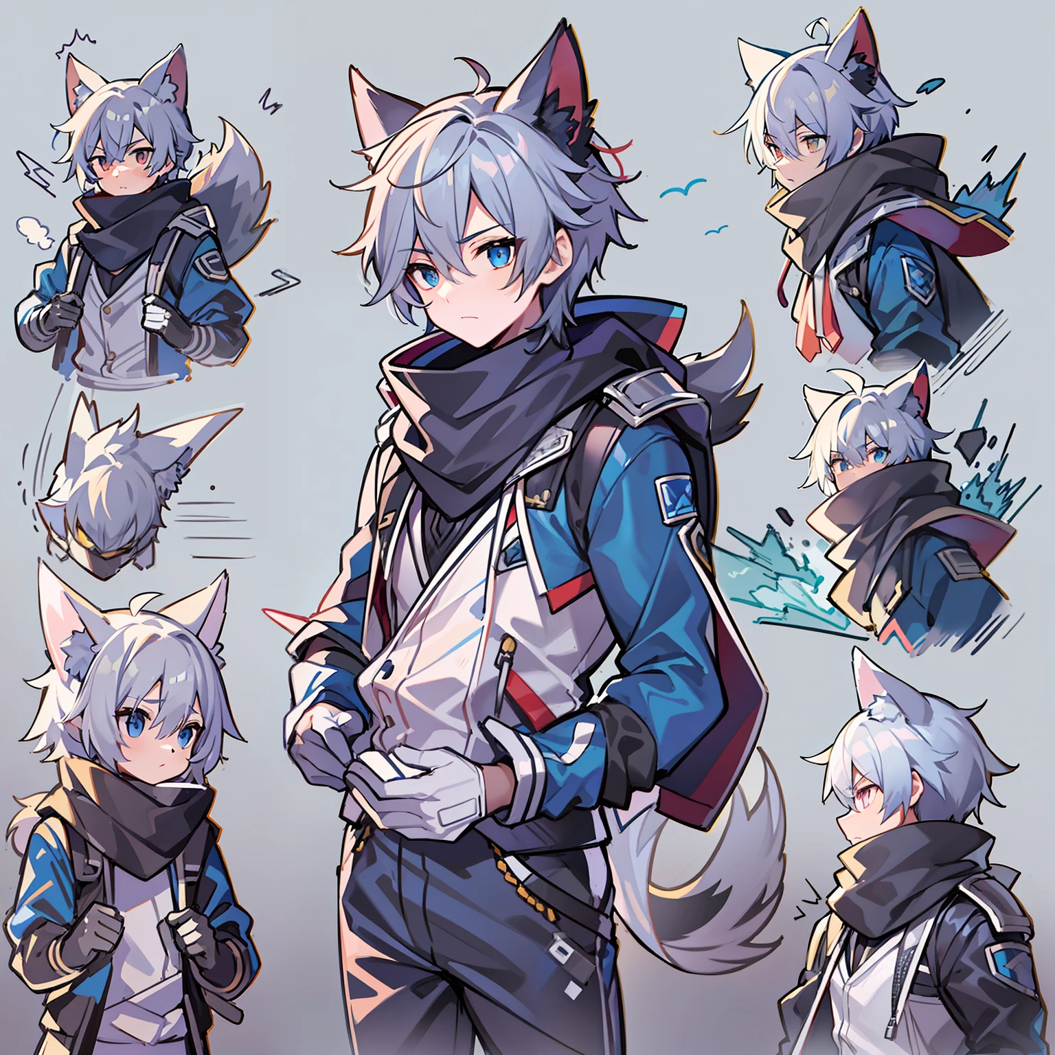 Game CG，8K quality，((younge boy))，juvenile sense，Anime male protagonist，Wolf ears，short，Shining big eyes，Eyes look into the distance，Squint viewing angle，Wolf tail，Forehead，((Black and blue jumpsuits))，White gloves，(Racing boots)，assassins，Full body like，technology city，Scarf，injury，Sit with open legs，Battle damage，Defeat，dying，No animals