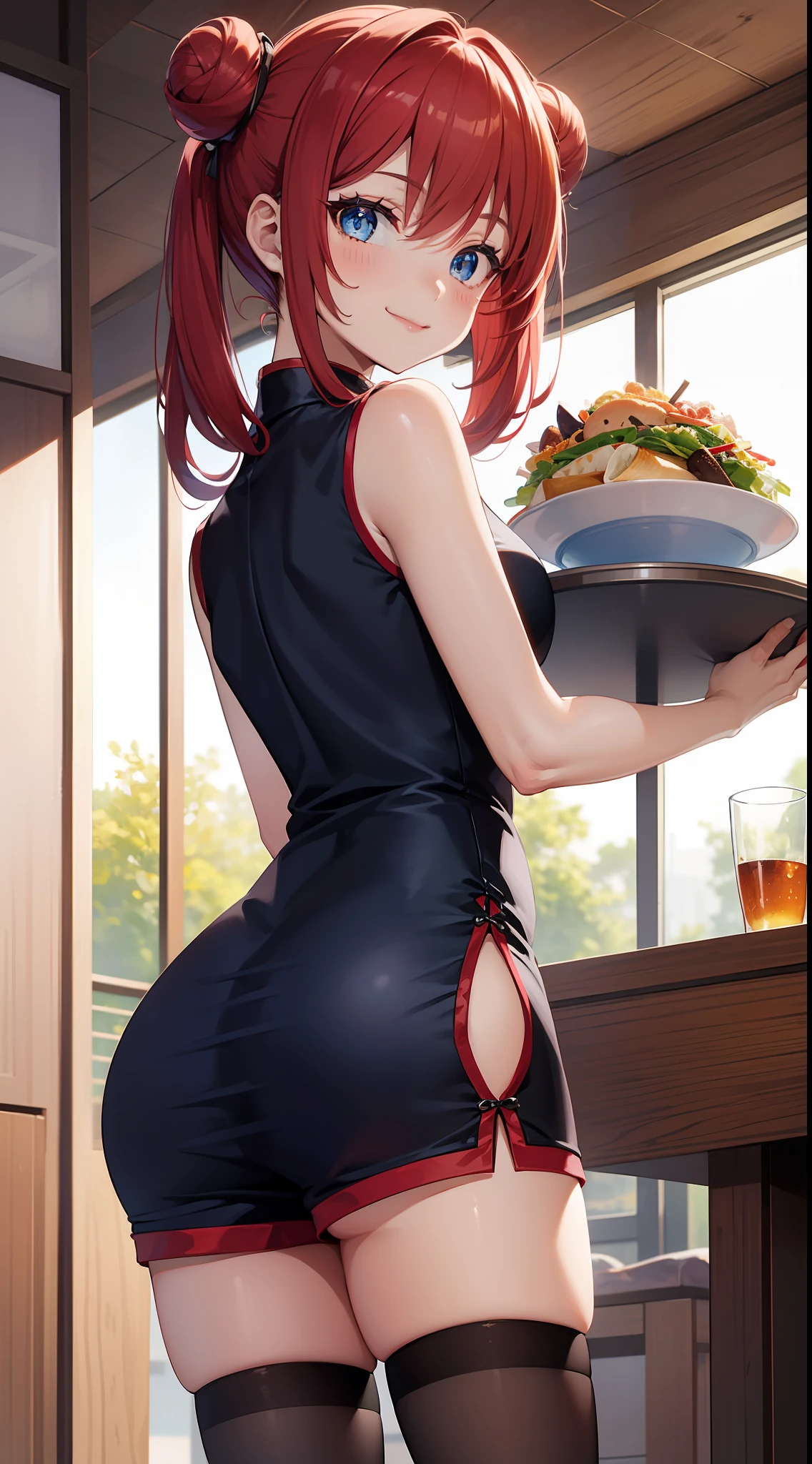 young girl, Long red hair, Two buns, smile, blue eyes, Chinese sleeveless dress, Shorts, A tray of food, Masterpiece, hiquality