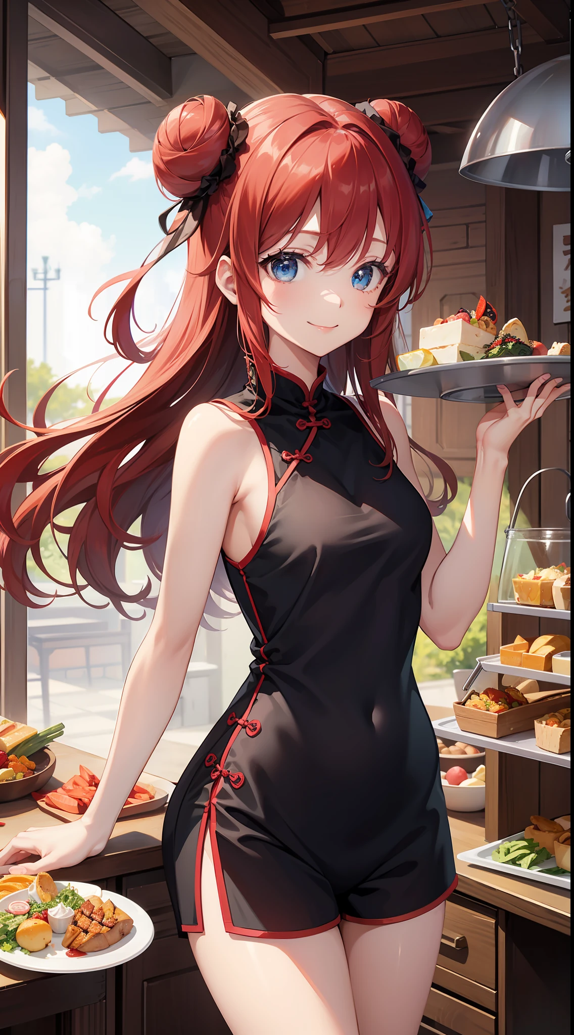young girl, Long red hair, Two buns, smile, blue eyes, Chinese sleeveless dress, Shorts, A tray of food, Masterpiece, hiquality