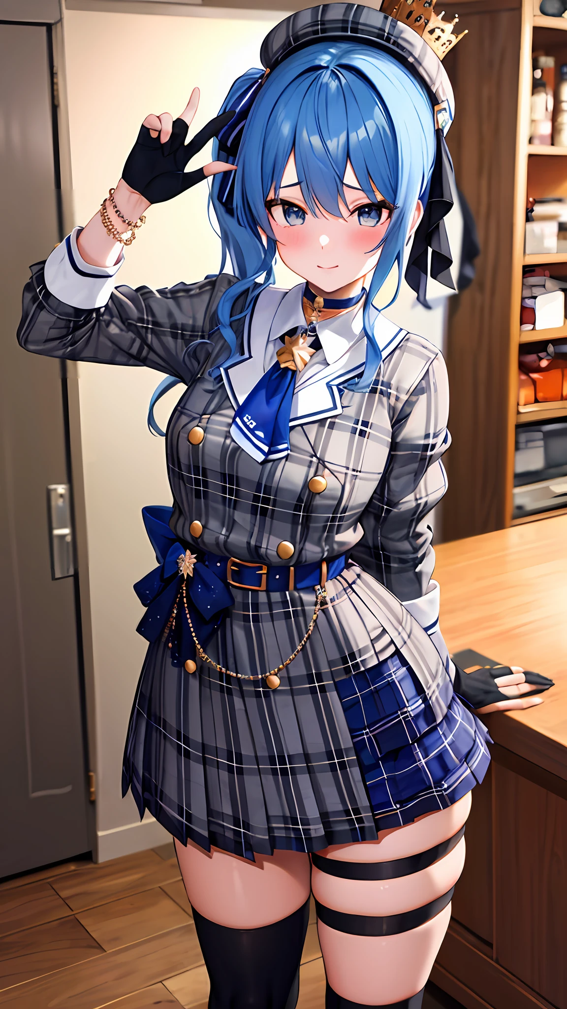 masterpiece, best quality, highres, sui1, 1girl, solo, side ponytail, hoshimachi suisei, fingerless gloves, single thighhigh, jewelry, single sock, thigh strap, bracelet, blue socks, buttons, single kneehigh, plaid dress, blue choker, blue belt, plaid skirt, mini crown, grey skirt, blue ascot, long sleeves, plaid jacket, cowboy shot, blush, sexy pose, hands behind back,