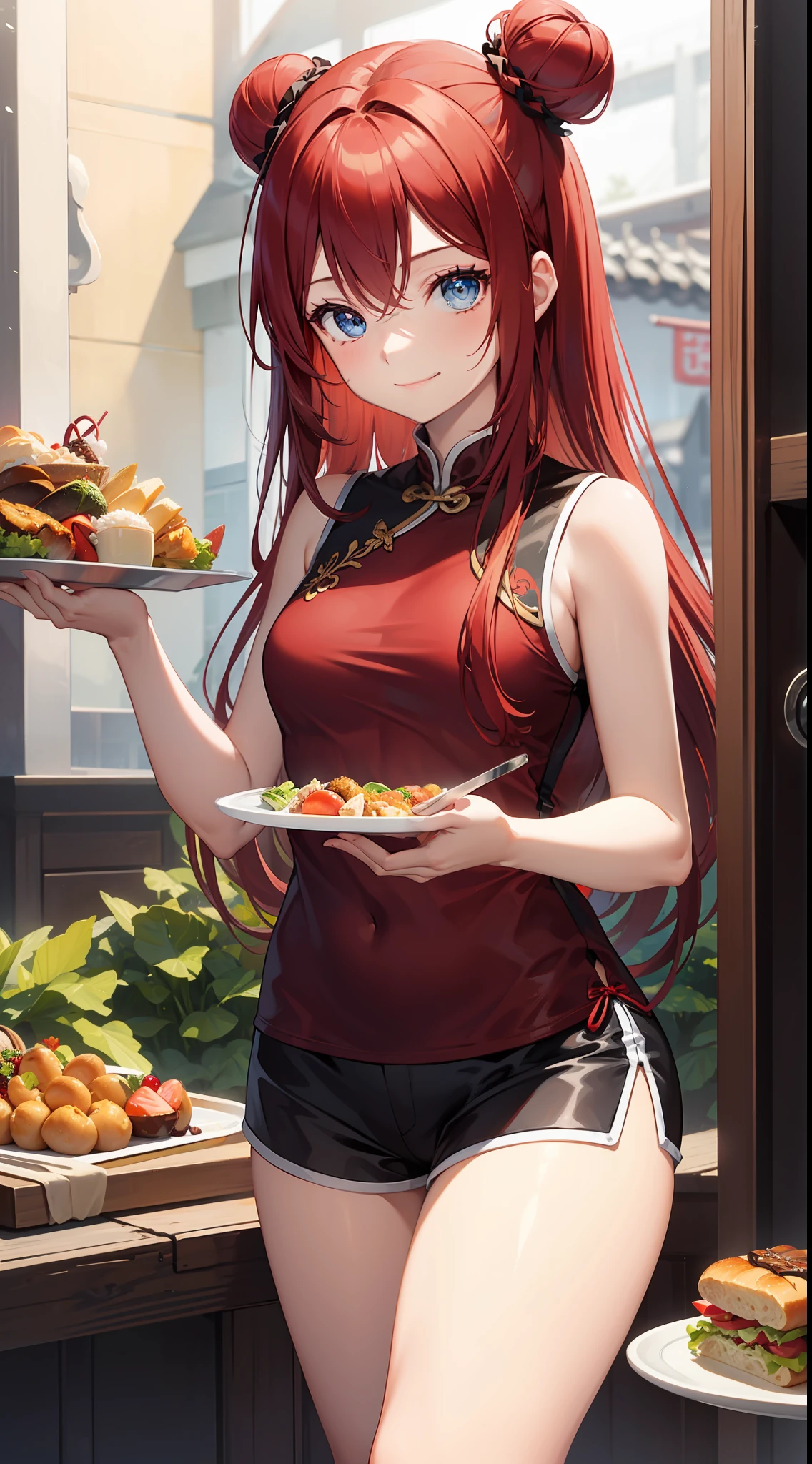 young girl, Long red hair, Two buns, smile, blue eyes, Chinese sleeveless dress, Shorts, A tray of food, Masterpiece, hiquality