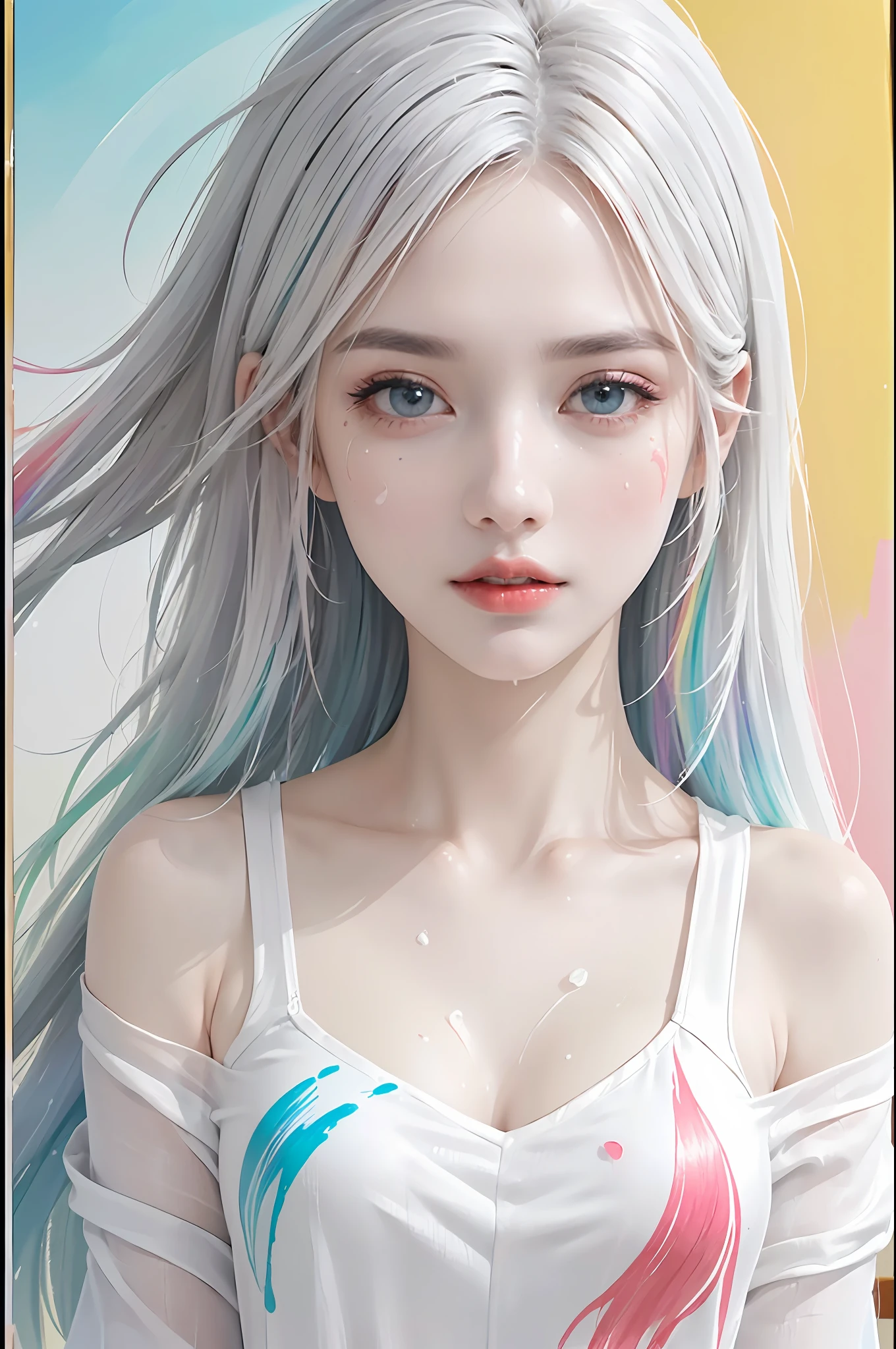 (Pink Fashion T-shirt:1.9),(Colorful hair: 1.8), (all the colours of the rainbow: 1.8),(((((vertical painting:1.6))), (painting:1.6),front, comics, illustrations, paintings, large eyes, crystal clear eyes,( rainbow color gradient high ponytail:1.7), exquisite makeup, closed mouth,(Small Fresh: 1.5),(Wipe Chest: 1.6) ,long eyelashes, white off shoulder T-shirt, White Shoulder Shirt,looking at the audience, large watery eyes, (rainbow colored hair:1.6), color splash, (solo:1.8), color splash, color explosion, thick paint style, messy lines, ((shining)),(colorful), (colorful), (colorful), colorful, Thick Paint Style, (Splash) (Color Splash), Vertical Painting, Upper Body, Paint Splash, Acrylic Pigment, Gradient, Paint, Highest Image Quality, Highest Quality, Masterpiece, Solo, Depth of Field, Face Paint, colorful clothes, (Elegant: 1.2), gorgeous,long hair, wind, (Elegant: 1.3), (Petals: 1.4),(((masterpiece))),(((best quality))),((ultra-detailed)),(illustration),(dynamic angle),((floating)),(paint),((disheveled hair)),(solo),(1girl) , (((detailed anima face))),((beautiful detailed face)),collar,bare shoulders,white hair, ((colorful hair)),((streaked hair)),beautiful detailed eyes,(Gradient color eyes),(((colorful eyes))),(((colorful background))),(((high saturation))),(((surrounded by colorful splashes))),