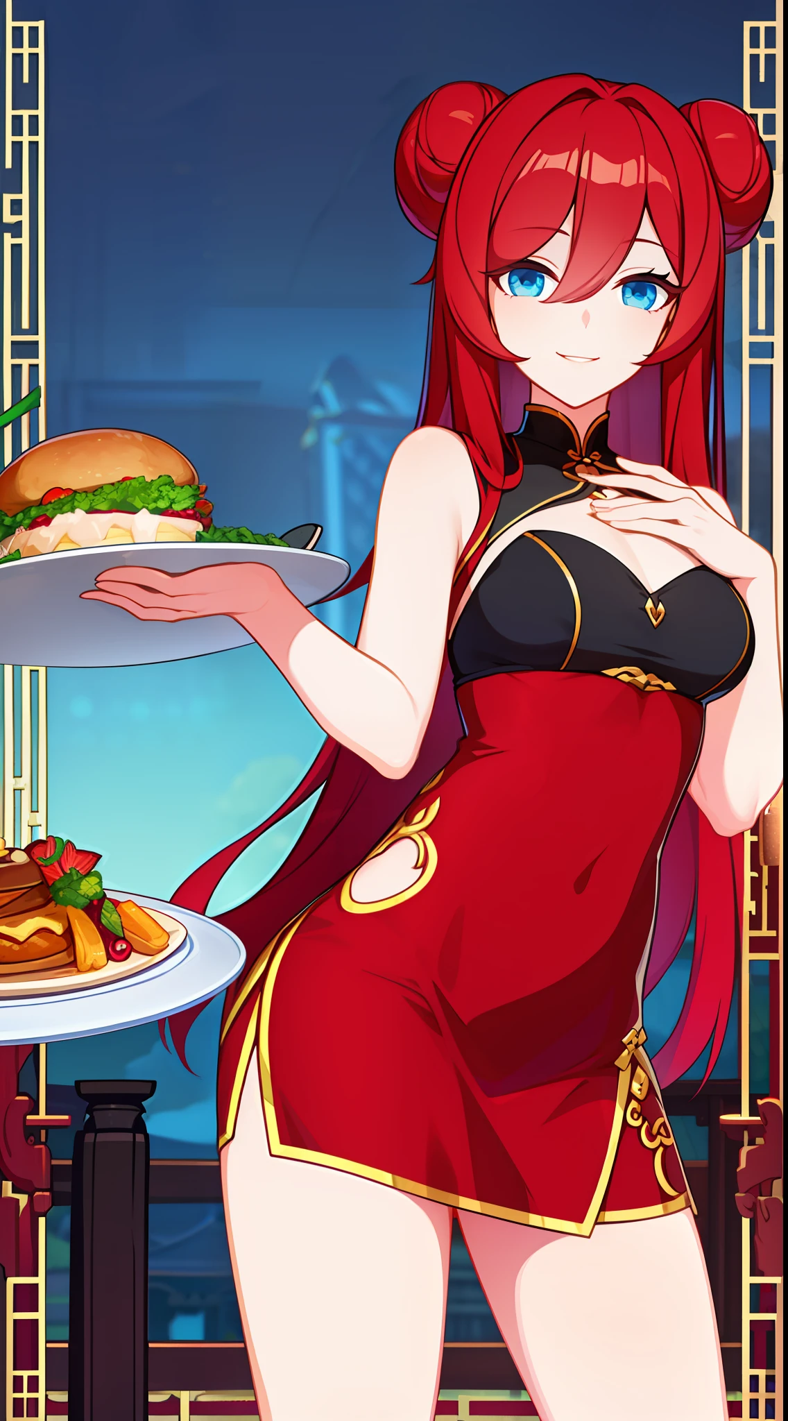 young girl, Long red hair, Two buns, smile, blue eyes, Chinese sleeveless dress, Shorts, A tray of food, Masterpiece, hiquality