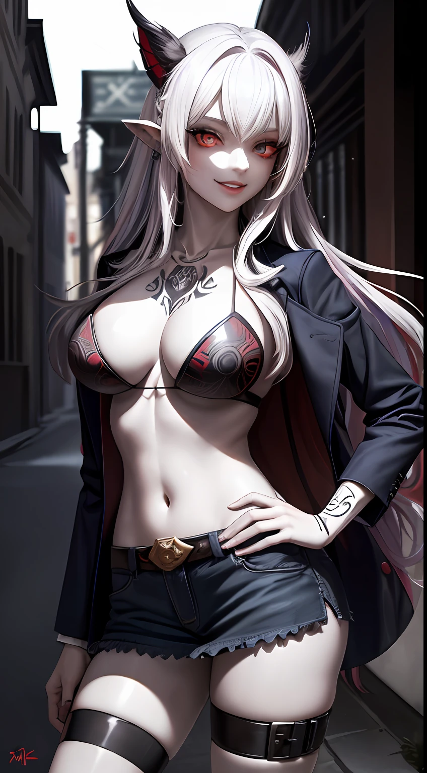 (Ashenhardt style:1.4), Masterpiece, Best quality, High quality,(Red eyes,Dark red light), (In profile), abstraction, abyssal, Award-winning photography, Depth of field, hdr, Very detailed, trending in the art station, Trends in CG society, complex, High detail,(Masterpiece: 1.2, Highest quality), (BEST lighting, Very delicate and beautiful), (BEST lighting, Very delicate and beautiful), (Beautiful detailed face), (Detailed eyes and detailed face:1.2), Dark fantasy, (young girl, 1girll, Solo, Crazy smile, Striped hair,Pale skin,G cup,cleavage,19 piercings,((Tattoos all over the body,Tribal tattoos all over the legs)) Gray hair, Glowing red eyes, Dynamic Angle, Vampires), (( Graffiti mural wall background: 1.15), (Stand on a crossword puzzle in a narrow street: 1.2) Artistic paint on the ground, Artistic paint on the ground, spiky_hor ears, poison fangs, blood in face, Blood rain, Blood fog, (Depth of field),High contrast,(blood splattere: 1.4),Cowboy shot,full body, colorful poses,((uniform,Blazer,Ruffled miniskirt,Brightly colored panties:1)),cowboy lens,jean jacket,