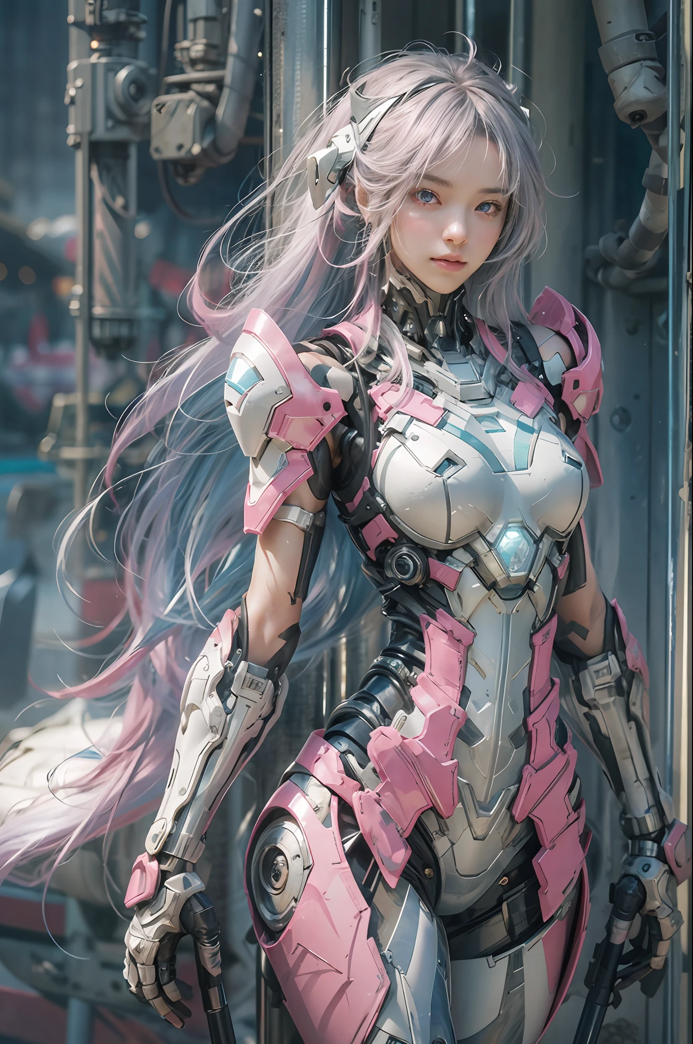masterpiece, best quality, 1girl, solo, perfect face, looking at viewer, skin tight transparent vinyl, long blue hair, gray eyes, pale skin, shanyaogaoda, mecha, pink armor with white part, armor, helmet, lineart, dimly lit, low key, sharp focus, octane, backlighting, machinery, backlighting, shiny clothes, mechanical legs, thrusters, flying, hair ornament, high heels, shiny, artist name, standing, thighs, pink eyes, teeth, looking down, armored boots, cyborg, (big mechanical background:1.2), bare shoulders, lips, machine, The view from the bottom up, cosplay, RAW photo, delicate, best quality, (intricate details:1.3), hyper detail, finely detailed, colorful, 8k uhd, film grain, (studio lighting:1.2), (Fujifilm XT3), (photorealistic:1.3), (detailed skin:1.2)ultra high res, outside in the park with lake, best quality, photo, 4k, (photorealistic:1.4)
