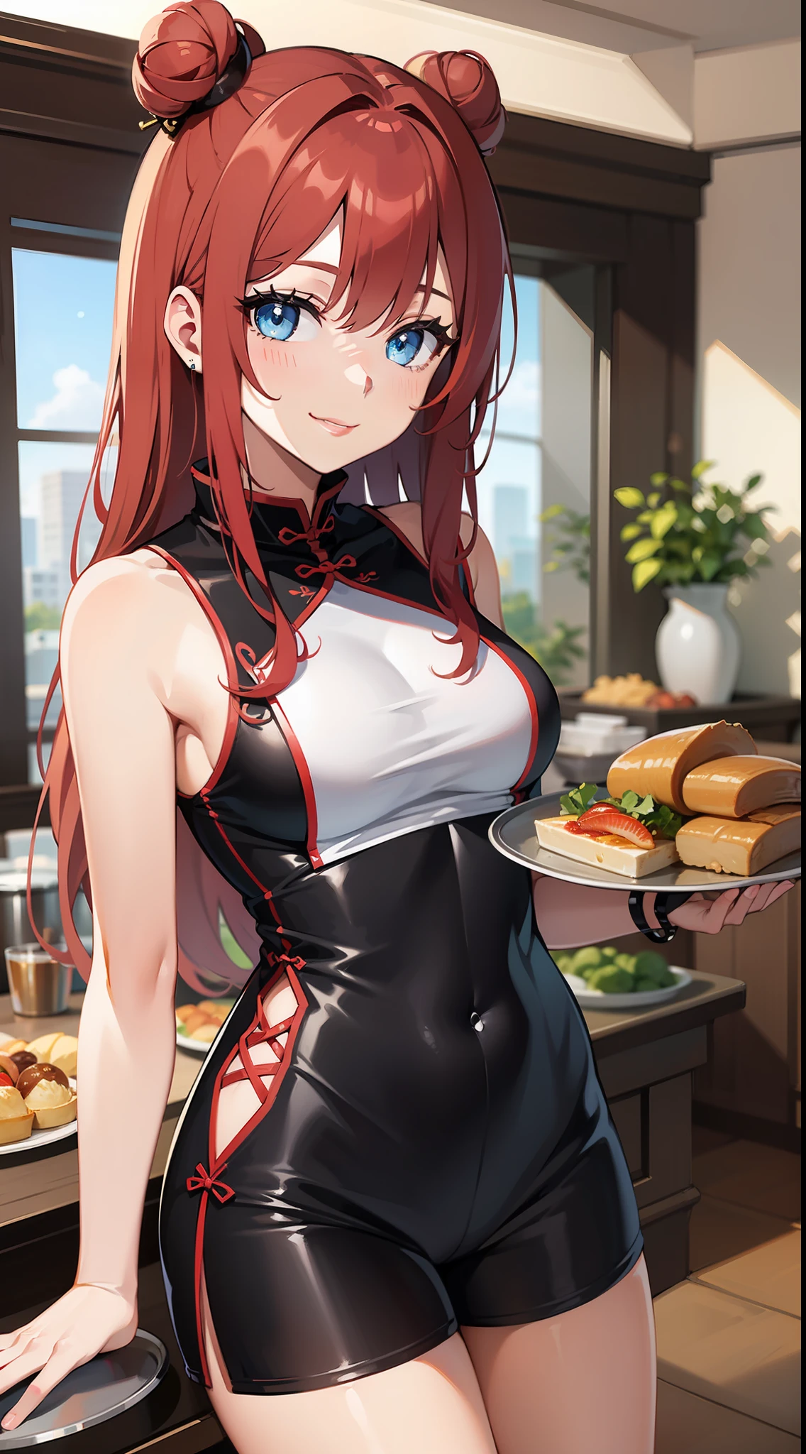 young girl, Long red hair, Two buns, smile, blue eyes, Chinese sleeveless dress, Shorts, A tray of food, Masterpiece, hiquality