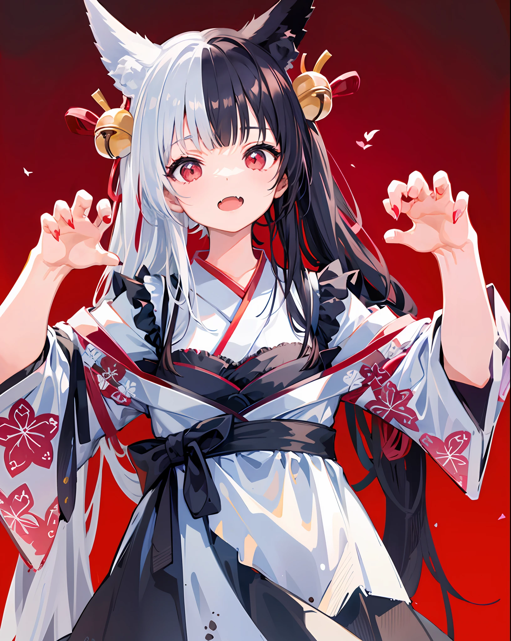 1girl,solo,fox_ears,alicemanabell, open mouth, closed mouth, upper body, (claw pose),skin fang, kimono