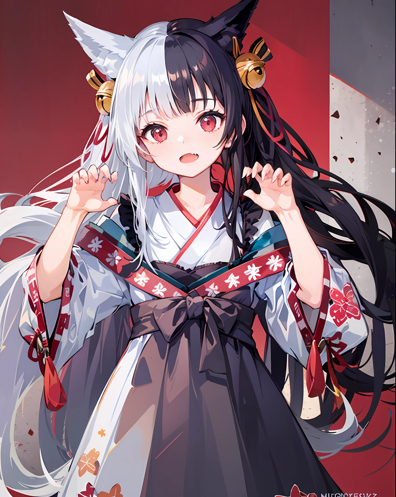 1girl,solo,fox_ears,alicemanabell, open mouth, closed mouth, upper body, (claw pose),skin fang, kimono