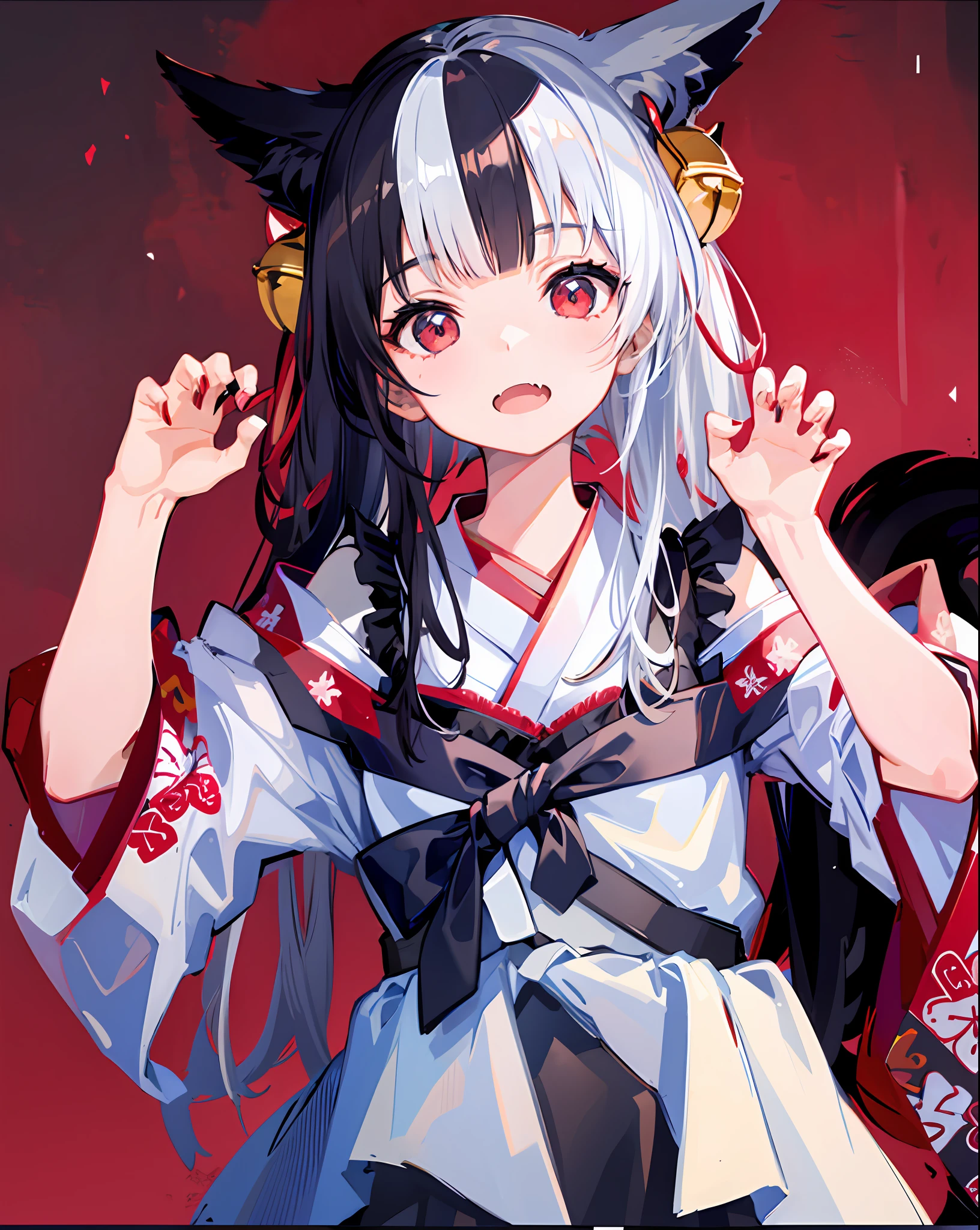 1girl,solo,fox_ears,alicemanabell, open mouth, closed mouth, upper body, (claw pose),skin fang, kimono