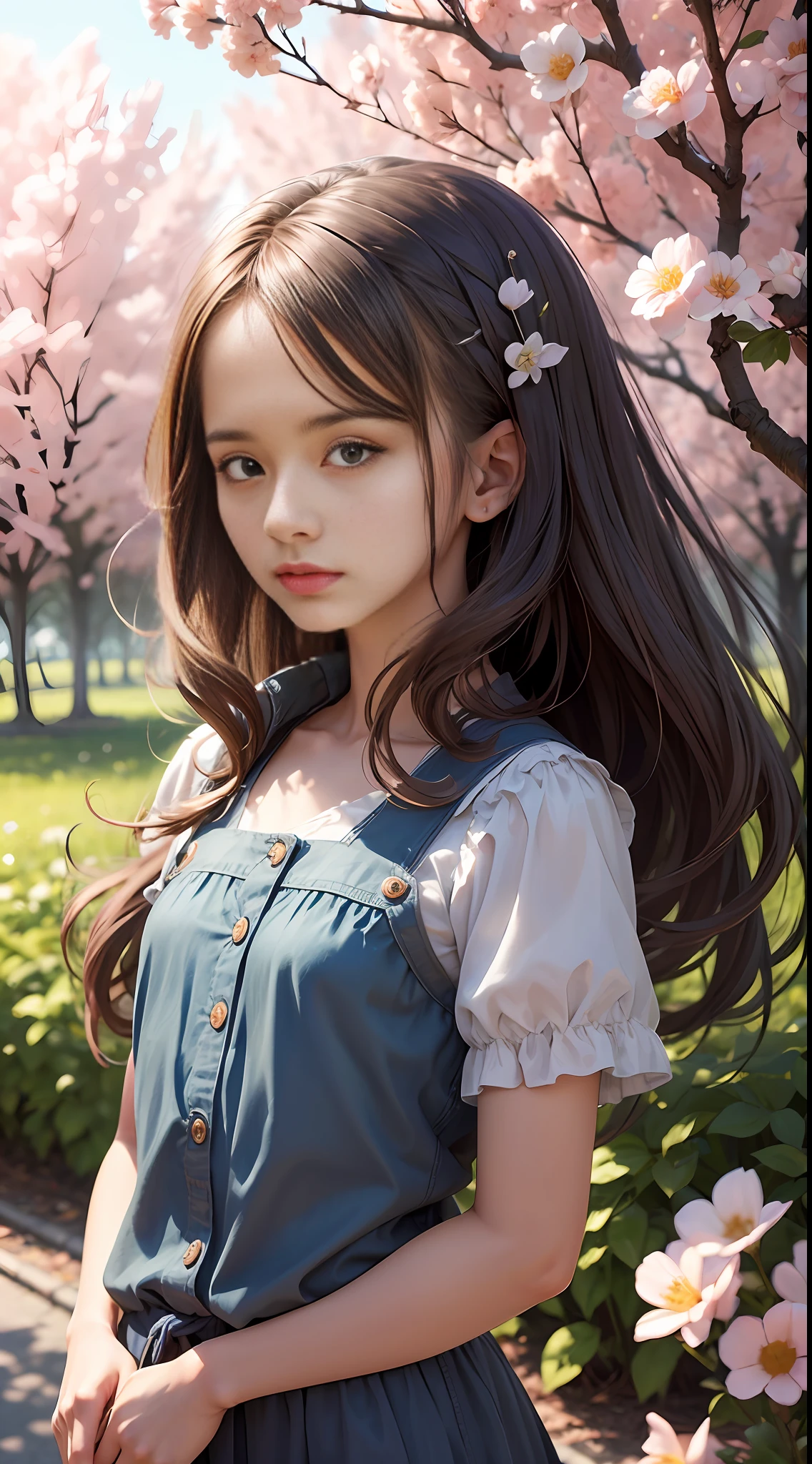 A girl,petite,realisticlying, The upper part of the body, Realistis,Flowering trees,Floating hair, Detailed face --auto