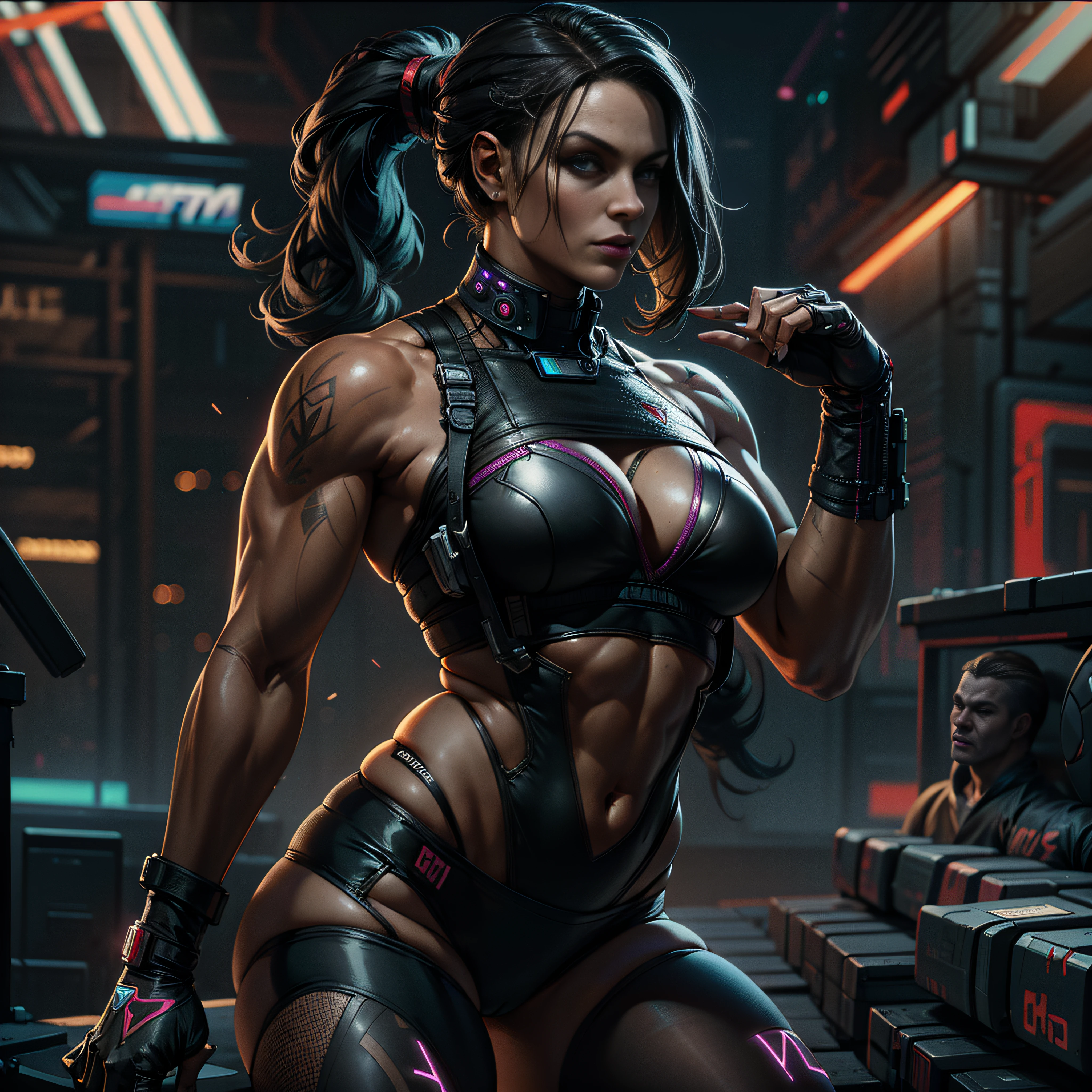 female cyborg, assin, (perfect anatomy), (sports body), (Sex(thick-thighs), (perfect arms), Cyberpunk 2077 Style, Dark ambient