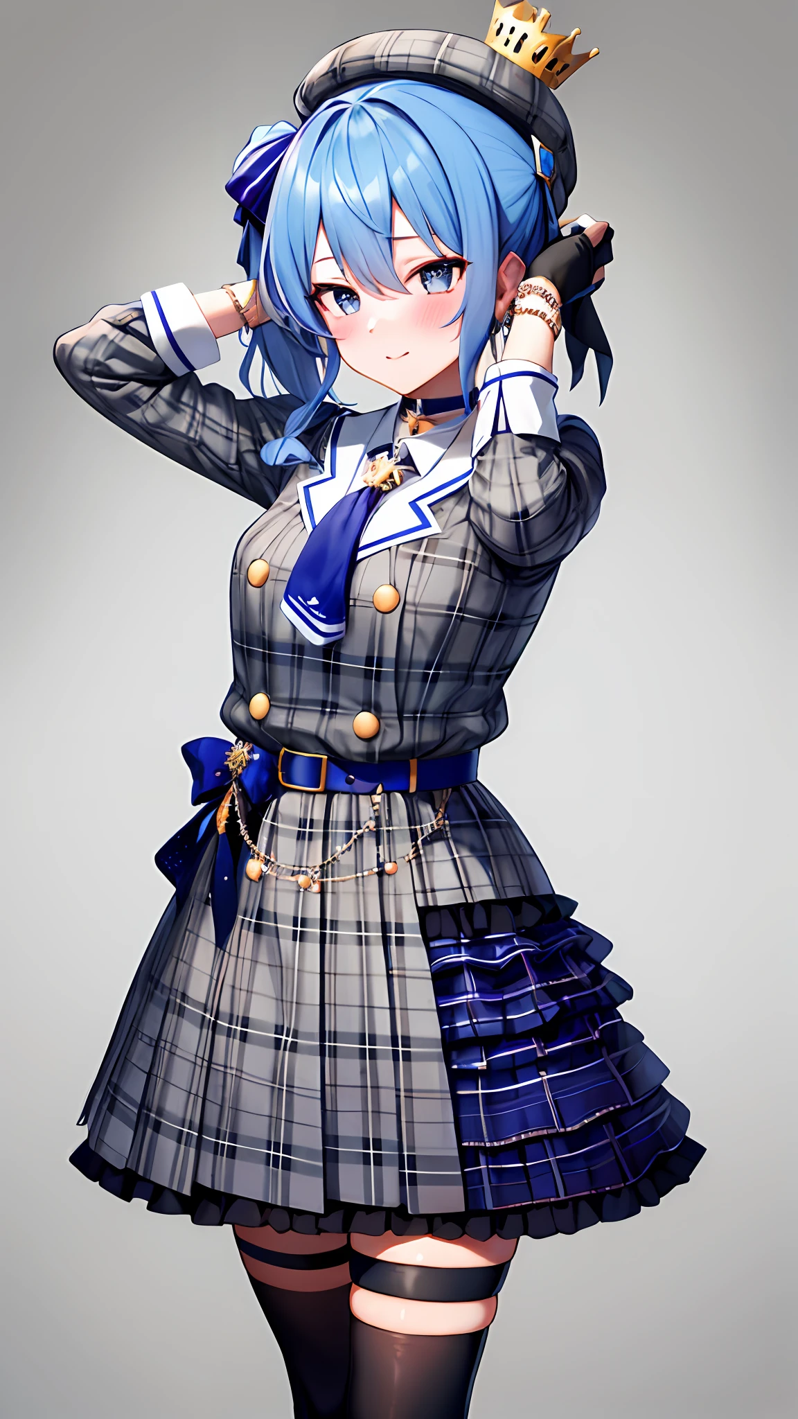 masterpiece, best quality, highres, sui1, 1girl, solo, side ponytail, hoshimachi suisei, fingerless gloves, single thighhigh, jewelry, single sock, thigh strap, bracelet, blue socks, buttons, single kneehigh, plaid dress, blue choker, blue belt, plaid skirt, mini crown, grey skirt, blue ascot, long sleeves, plaid jacket, cowboy shot, blush, sexy pose, hands behind head,