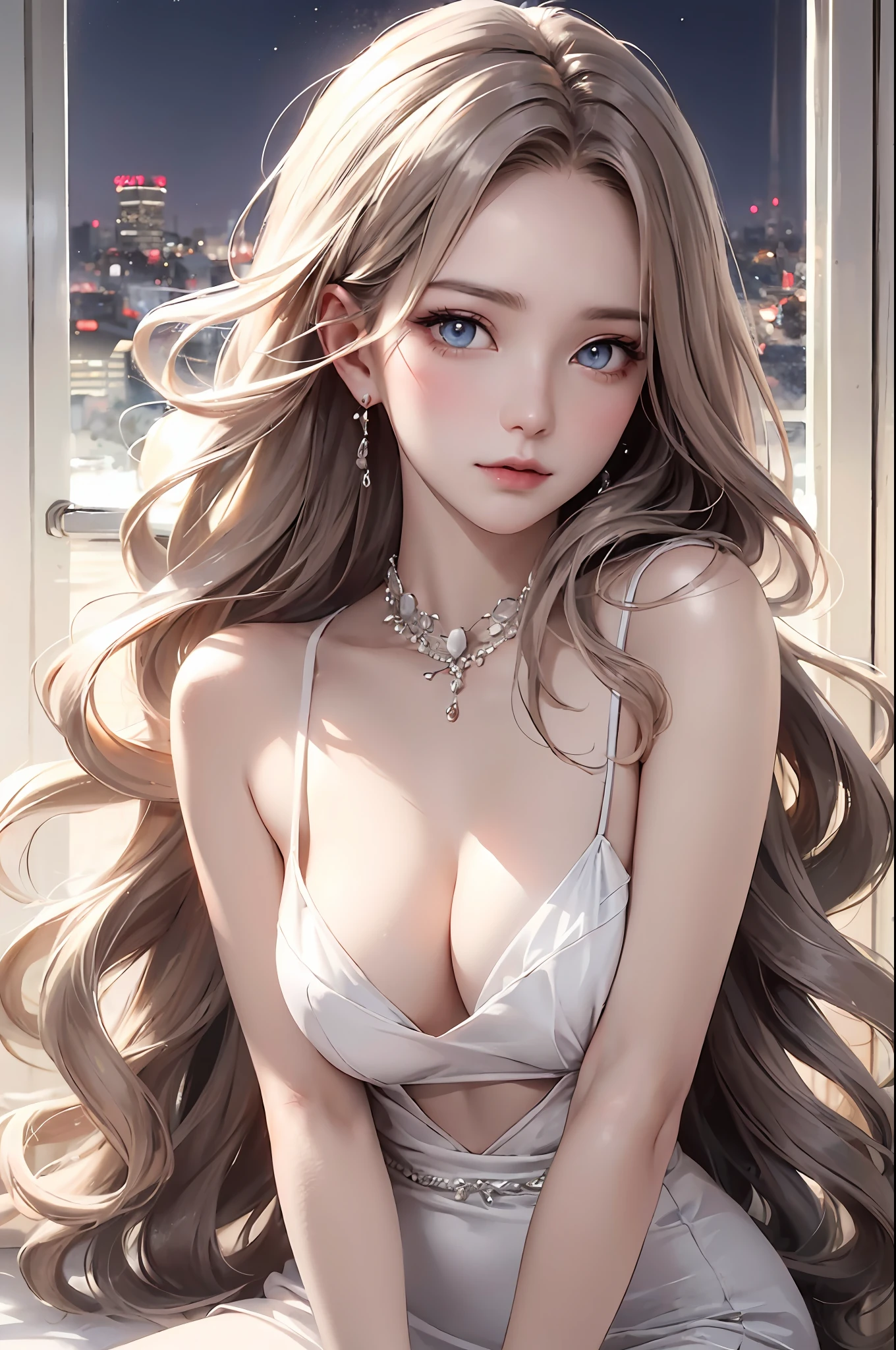tmasterpiece,best qualtiy,8K,detailed skin textures,Detailed cloth texture,beautifull detailed face,Complicated details,Solo,the ultra-detailed,realisticlying:1.4,1 anime girl,long wavy blond hair,gray pupil,Blushlush,(Detailed eyes,eyes reflection,is shy),(opens his eyes wide:1.3),ultra-realistic realism,(The skin is pale and smooth,Skin reflects light:1.3),Skin oiled:1.3,(Moist white than dress,Dynamic pose),((mediuml breasts):1.2,Exposing thighs),nighttime scene,The upper part of the body,Side view,cowboy lens,high saturated,a warm color palette