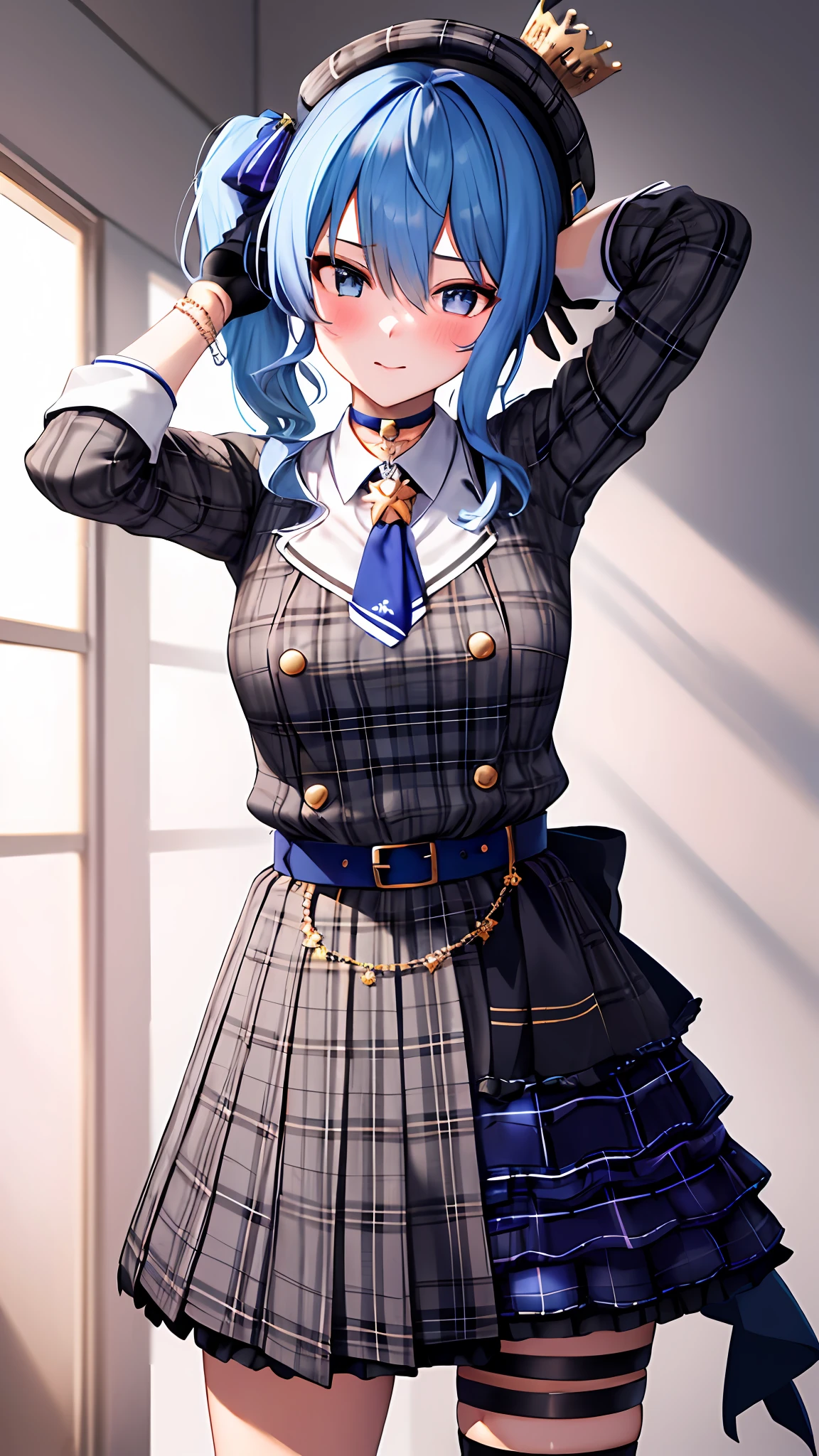 masterpiece, best quality, highres, sui1, 1girl, solo, side ponytail, hoshimachi suisei, fingerless gloves, single thighhigh, jewelry, single sock, thigh strap, bracelet, blue socks, buttons, single kneehigh, plaid dress, blue choker, blue belt, plaid skirt, mini crown, grey skirt, blue ascot, long sleeves, plaid jacket, cowboy shot, blush, sexy pose, hands behind head,