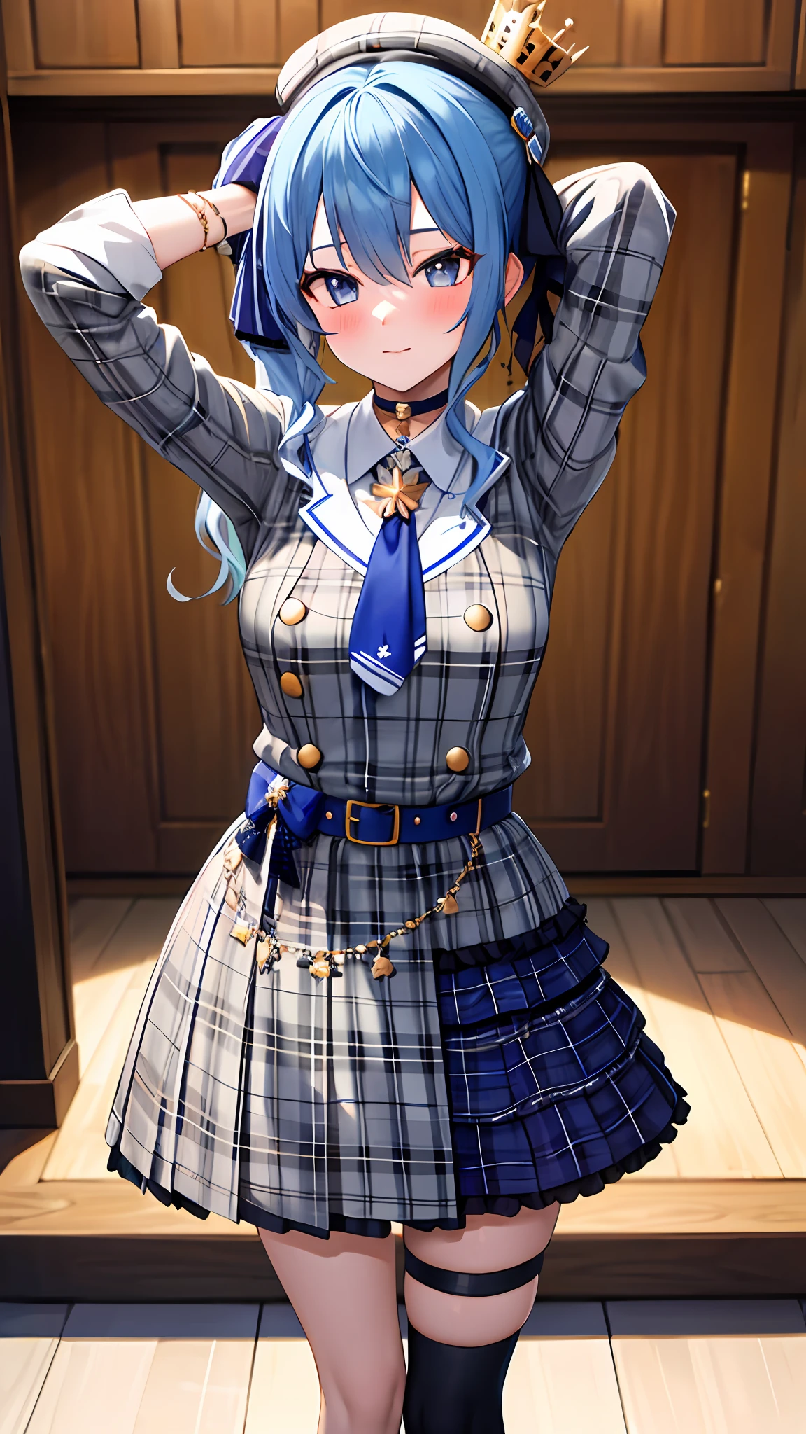 masterpiece, best quality, highres, sui1, 1girl, solo, side ponytail, hoshimachi suisei, fingerless gloves, single thighhigh, jewelry, single sock, thigh strap, bracelet, blue socks, buttons, single kneehigh, plaid dress, blue choker, blue belt, plaid skirt, mini crown, grey skirt, blue ascot, long sleeves, plaid jacket, cowboy shot, blush, sexy pose, hands behind head,