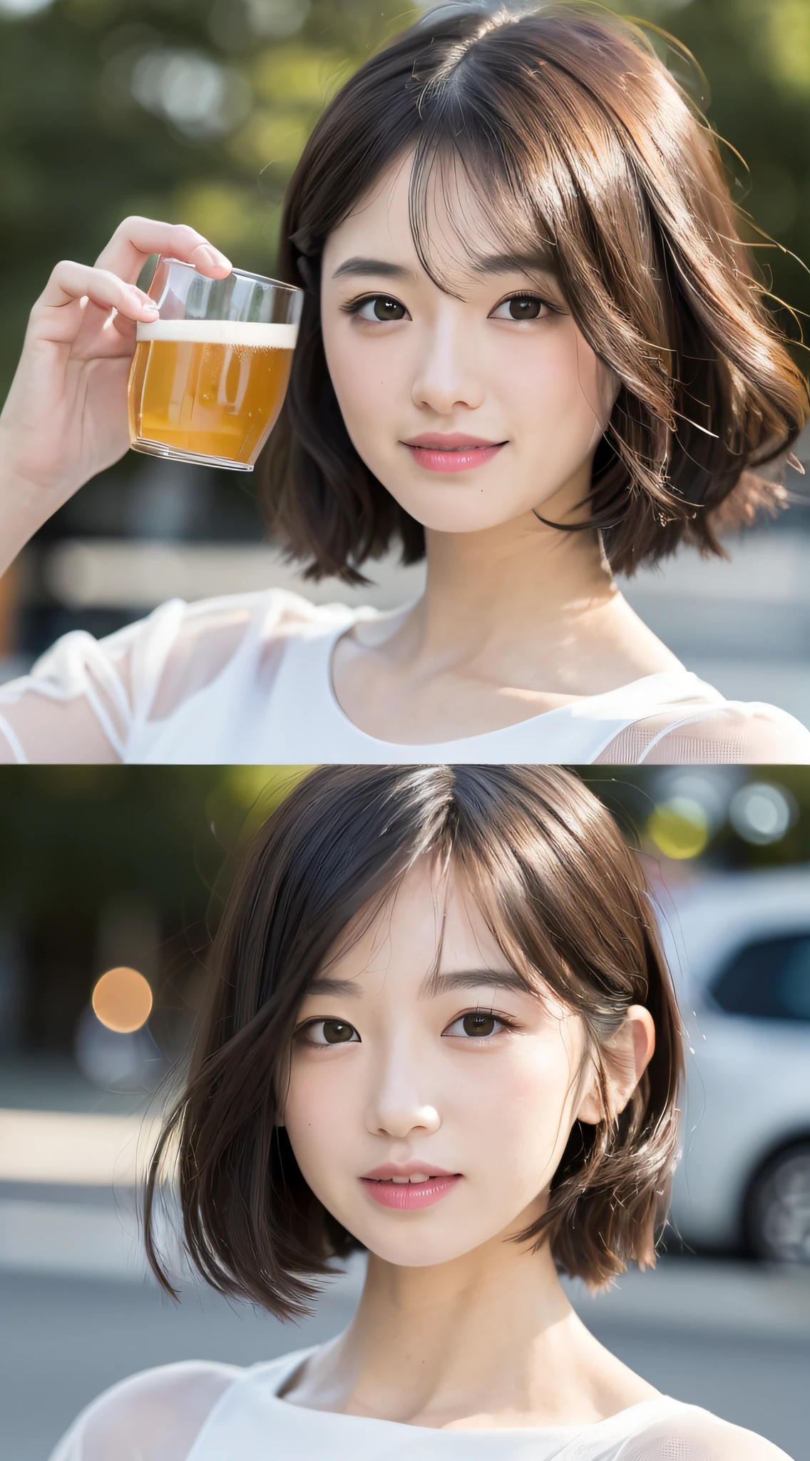 Girl with beer glass、(8K、Raw photography、top-quality、​masterpiece:1.2)、(realisitic、Photorealsitic:1.37)、1girl in、cute little、A city scape、Wetty、profetional lighting、photon maping、Radio City、physically-based renderingt、Gradient Brunette Hair、short  curly hair、a handsome、Girly、White Ball Set、superior image quality、hight resolution、1080p、(Clear face)、(Detailed face description)、(Detailed hand description)、(masuter piece)、(Exquisite CG)、 extreme light and shadows、hair messy、​masterpiece、abundant detail、(Exquisite facial features)、(Top image quality)、(​masterpiece)、(Eye of Detail)、Looking forward to your eyes、Delicate collarbones