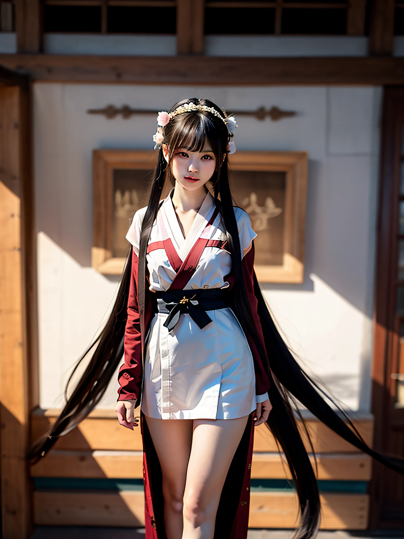Works of masters，Best image quality，Higher quality，high detal，超高分辨率，4k，8K分辨率，depth of fields，exquisite facial features，femele，long whitr hair，Thigh tie，Art Nouveau，(Hanfu)，betweenthighs，M word open legs