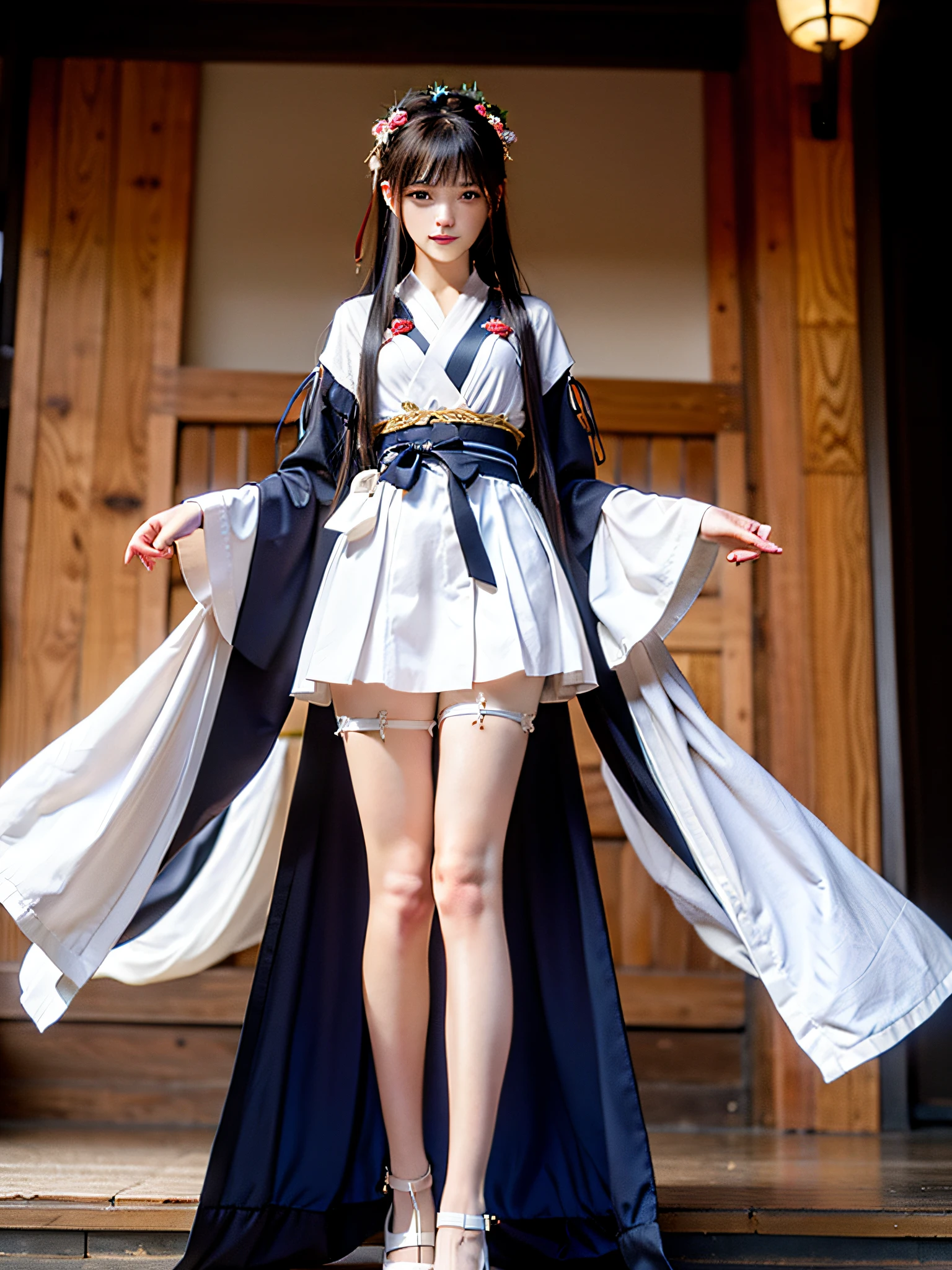 Works of masters，Best image quality，Higher quality，high detal，超高分辨率，4k，8K分辨率，depth of fields，exquisite facial features，femele，long whitr hair，Thigh tie，Art Nouveau，(Hanfu)，betweenthighs，M word open legs