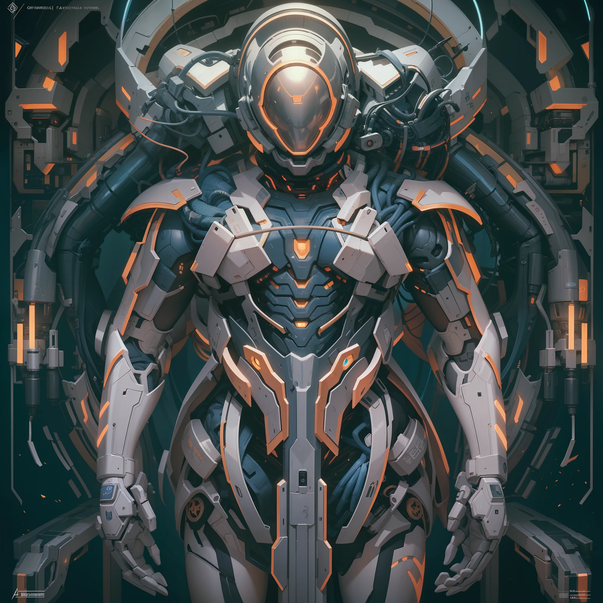 navy space Machine of battle suit , with clean lines,Compact,Overall slim,Conforms to the human curve,in light colors that has the ribs of a living being with glowing veins across the surface. A futuristic,Full metal frenzy,The eva on its back a mixture of carapace, technology, and electronics. dramatic, best quality, real, super detailed, 8K, Intricate elegance, fanciful, A detailed, Designed by Greg Rutkowski and Alphonse Mucha, Gradient lighting,