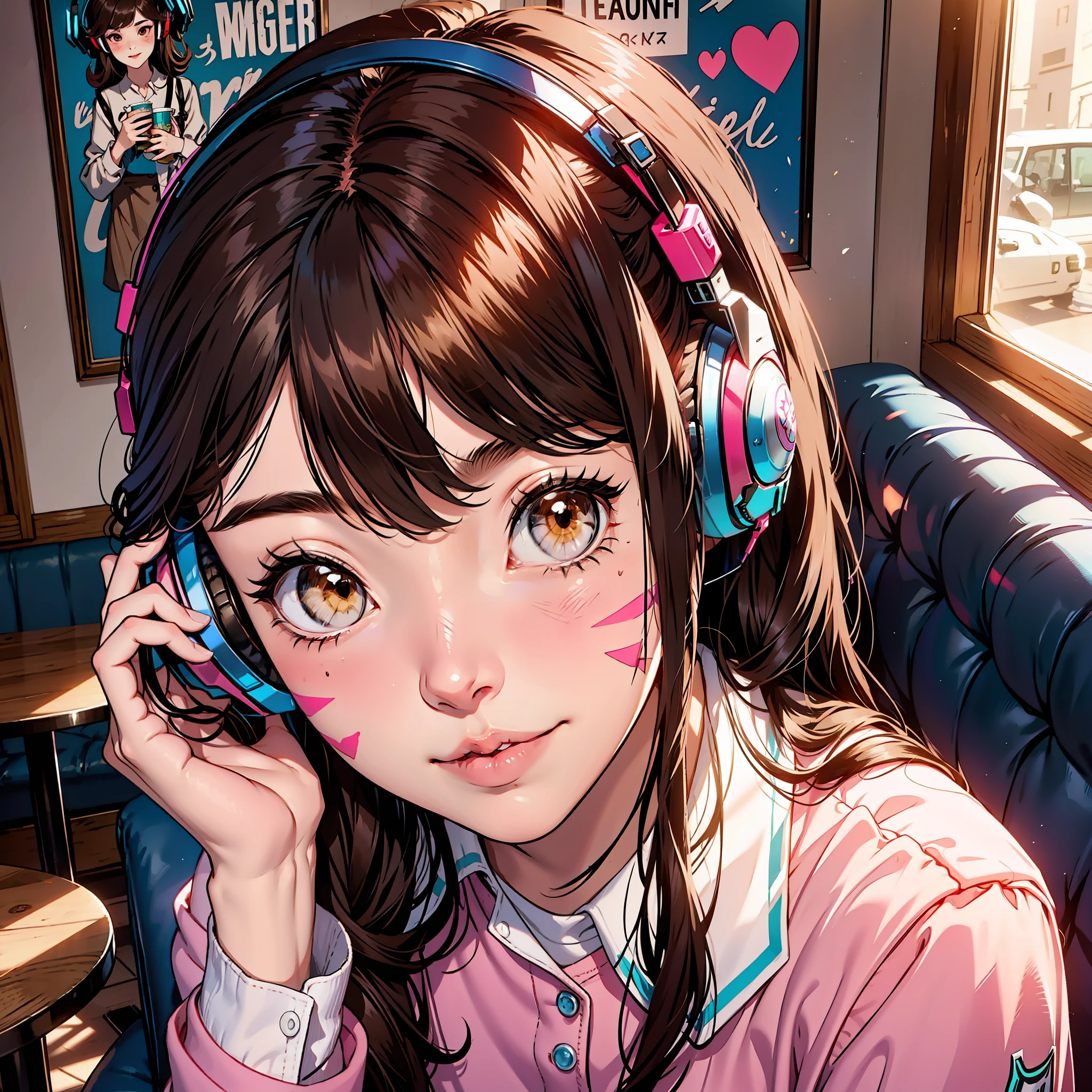 (masterpiece, high quality) Cute D.Va (from Overwatch) in a cafe, brown hair, wearing short short, brown eyes and cute lips, kawaii and beautiful face,  headphones, pink_facial_mark, nice hands, perfect hands, from above,  wide shot angle, wearing Long Sleeve Button Down Cotton Linen Shirt Blouse Loose Fit Casual V-Neck Tops, love smile, blushing, pale white skin