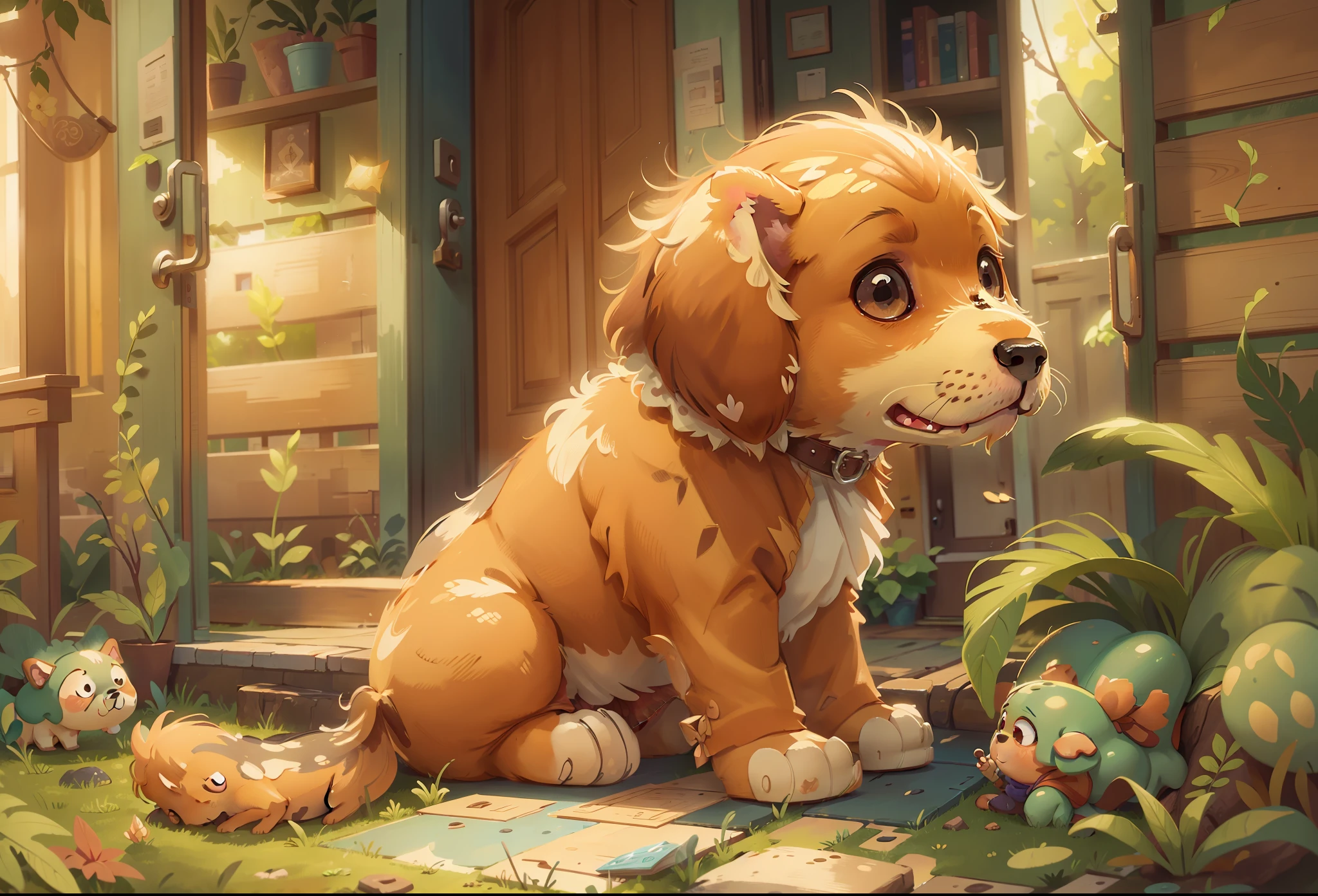 a sad caramel puppy outside an empty house, magical atmosphere, fantasy, anime, children's illustration, (best quality), (intricate details), (8k), (sharp focus), (ultra sharp), (ultra resolution), (Ultra Detailed), (ultra definition),