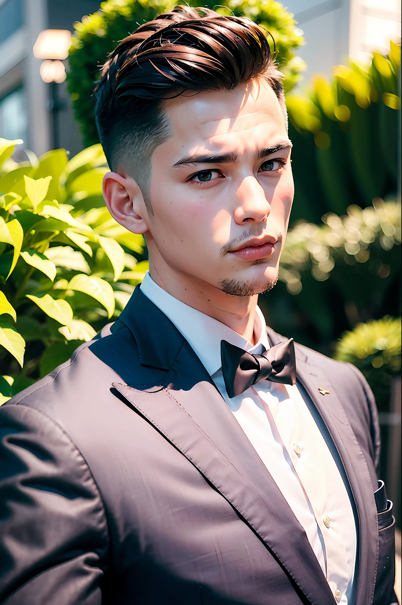 1boy, Japanese male, (male:1.5), grey eyes, slanty eyes, (very short hair:1.3), under_cut, Pompadour, ((formal)), ((suit)), (((handsome, sharp, savage facial features,))), (stout muscular body), (stout physique), 

SFW, outdoors, detailed background, Modern metropolis,