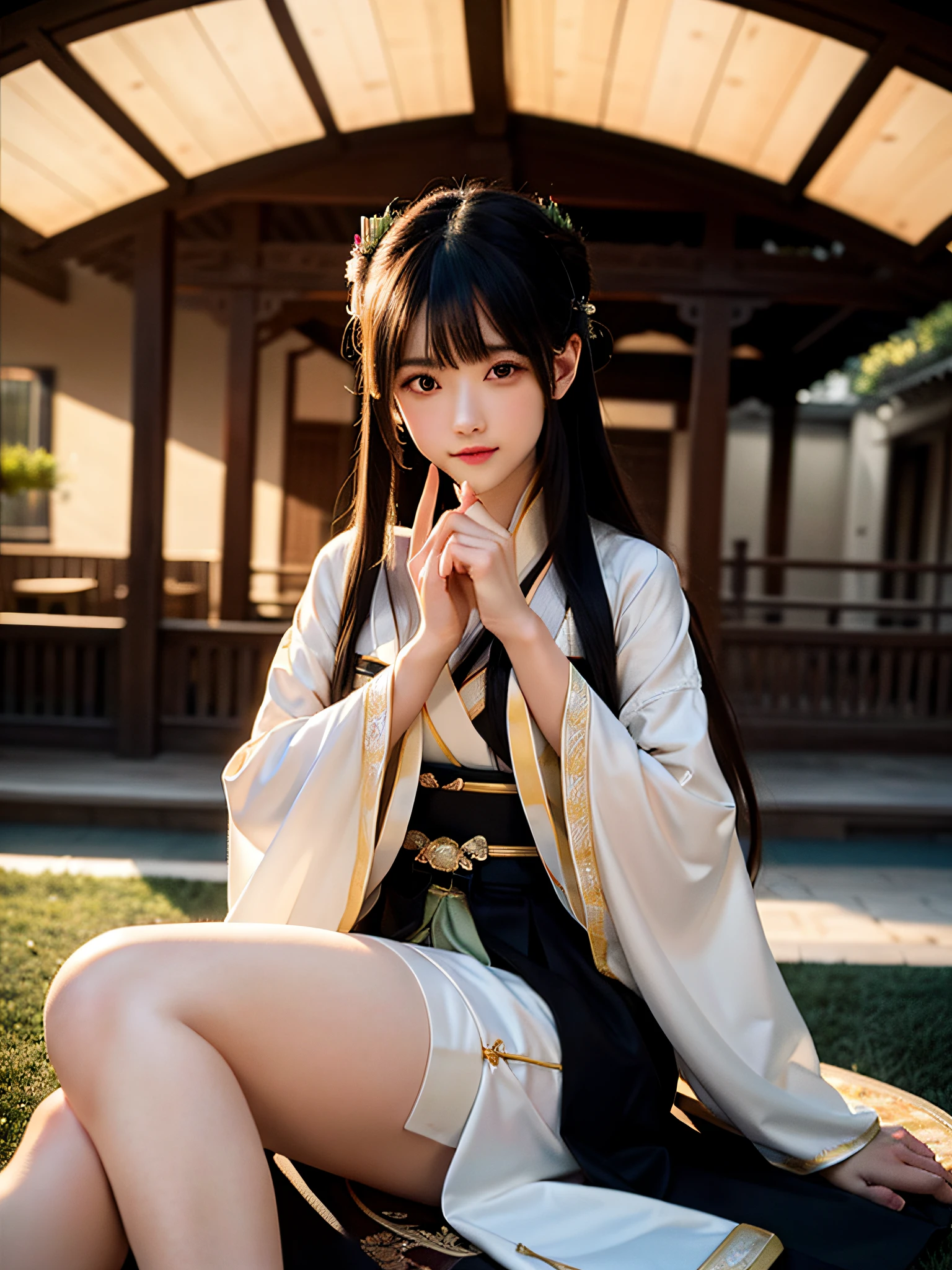 Works of masters,Best image quality,Higher quality,high detal,超高分辨率,4k,8K分辨率,depth of fields,exquisite facial features,femele,long whitr hair,Thigh tie,Art Nouveau,(Hanfu),betweenthighs,m