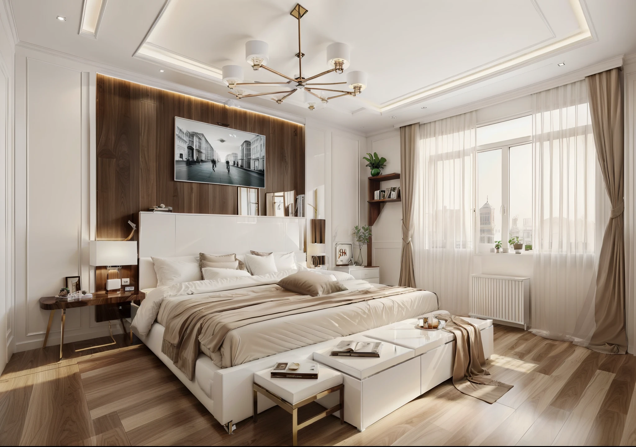 ((Best quality, 8k, Masterpiece :1.3)), bedrooom design, minimalist walnut motif furniture, flat plaster ceiling , glossy white wall panel, wood floor, day light,( 3/4 . angle:1.4)), (glossy white panel), 1 abtract poster