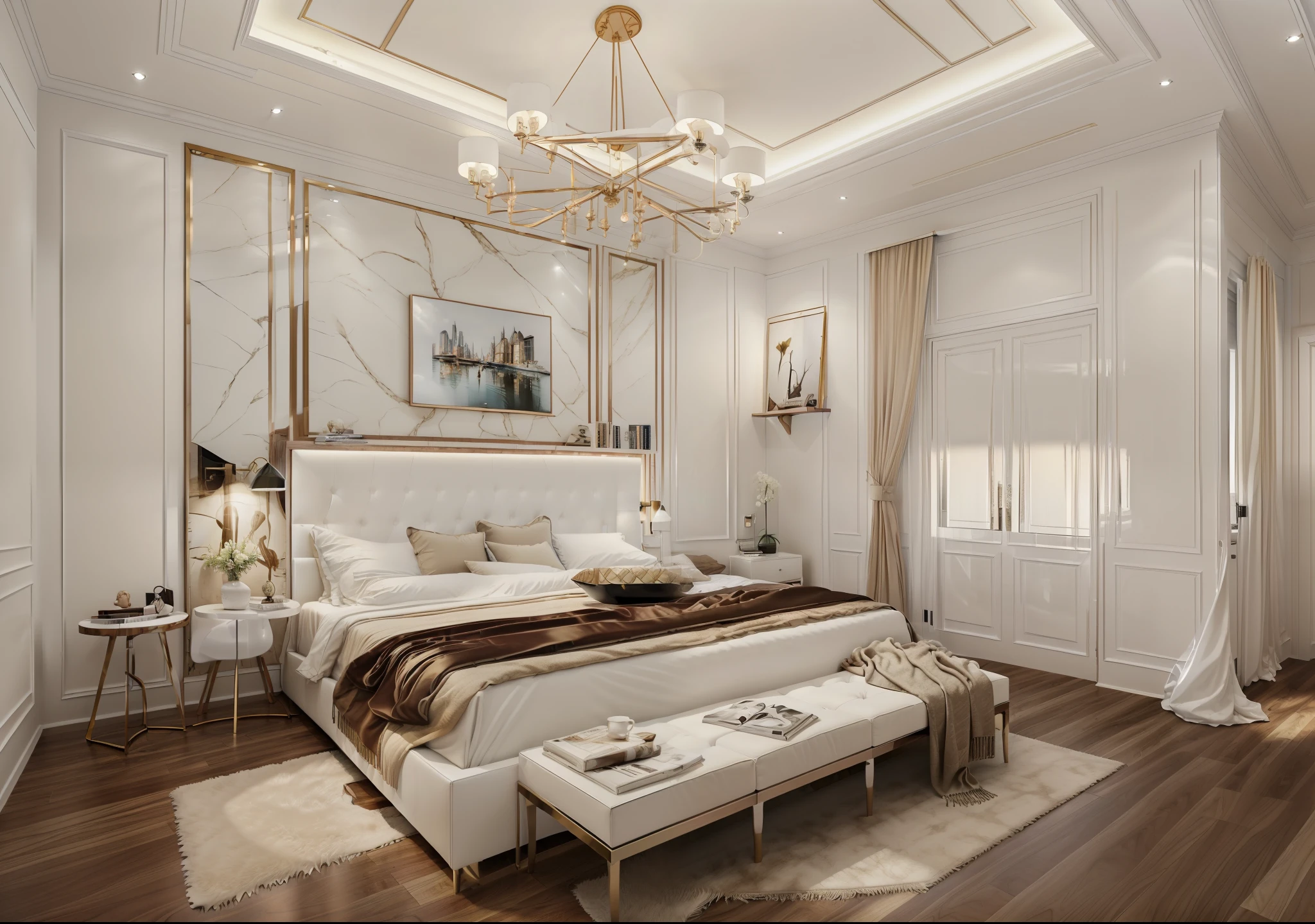 ((Best quality, 8k, Masterpiece :1.3)), bedrooom design, minimalist walnut motif furniture, flat plaster ceiling , glossy white wall panel, wood floor, day light,( 3/4 . angle:1.4)), (glossy white panel), 1 abtract poster