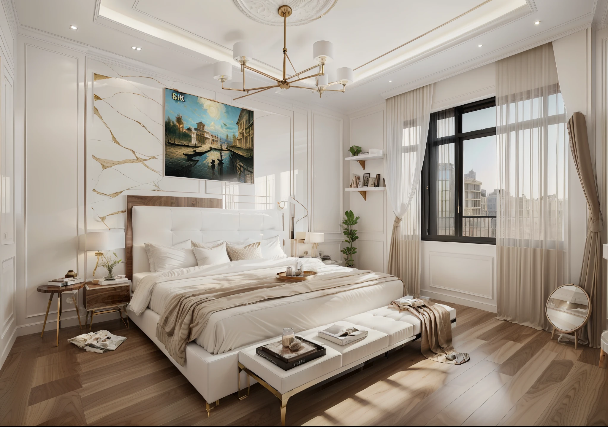((Best quality, 8k, Masterpiece :1.3)), bedrooom design, minimalist walnut motif furniture, flat plaster ceiling , glossy white wall panel, wood floor, day light,( 3/4 . angle:1.4)), (glossy white panel), 1 abtract poster