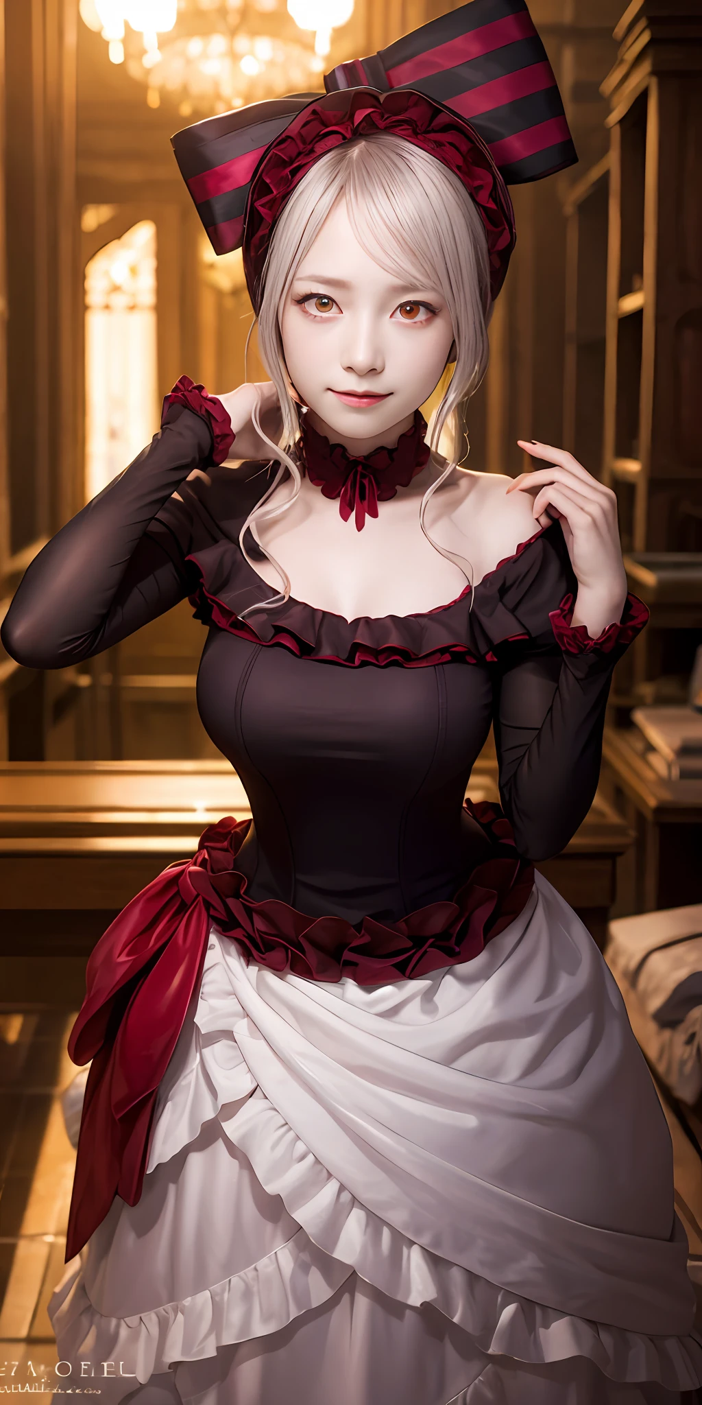 , best quality, ShalltearV4, 1girl, solo, dress, frills, bow, hair bow, fang, slight smile, pale skin, glowing, glowing eyes, portrait