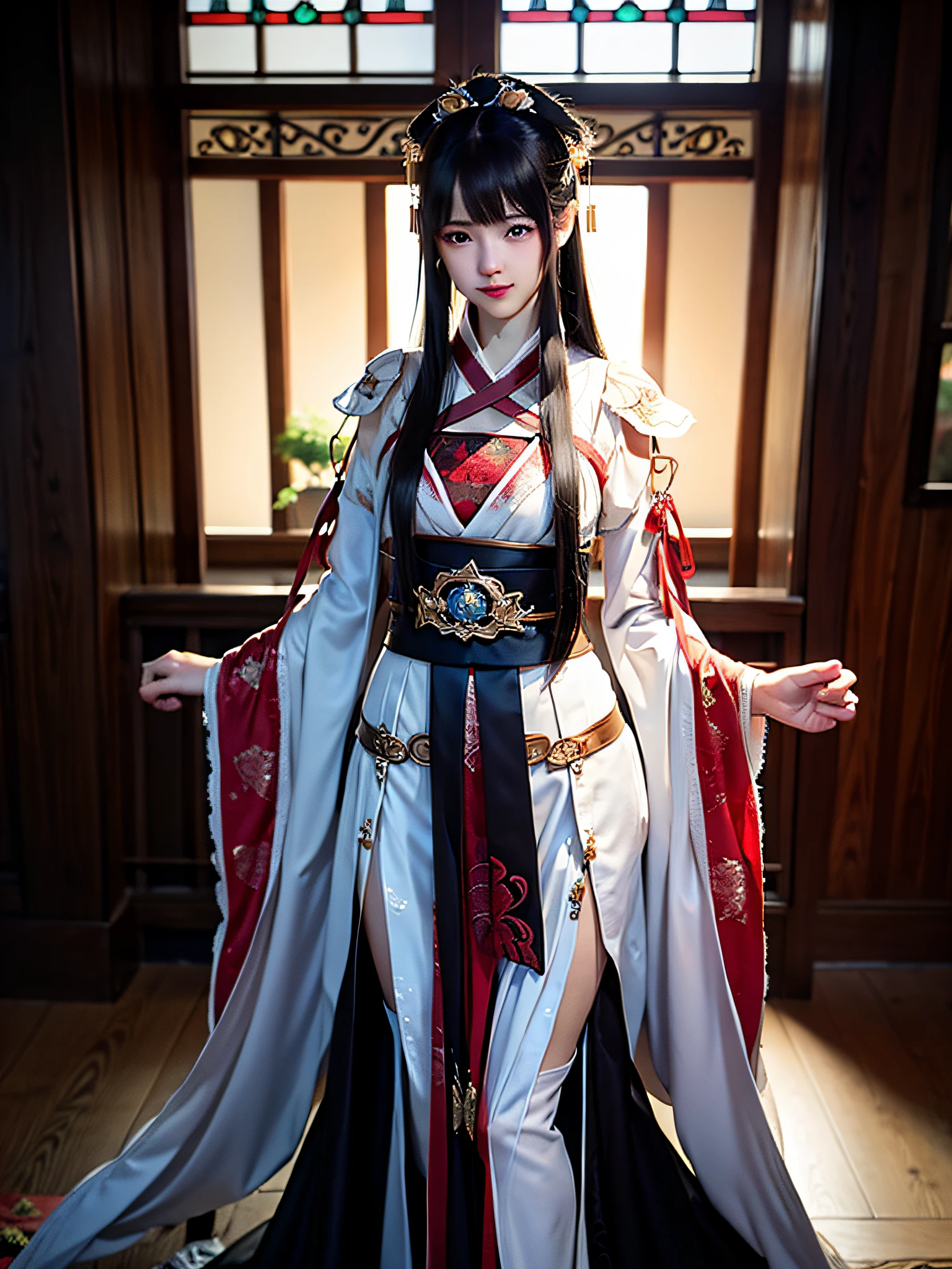 Works of masters，Best image quality，Higher quality，high detal，超高分辨率，4k，8K分辨率，depth of fields，exquisite facial features，femele，long whitr hair，Thigh tie，Art Nouveau，(Hanfu)