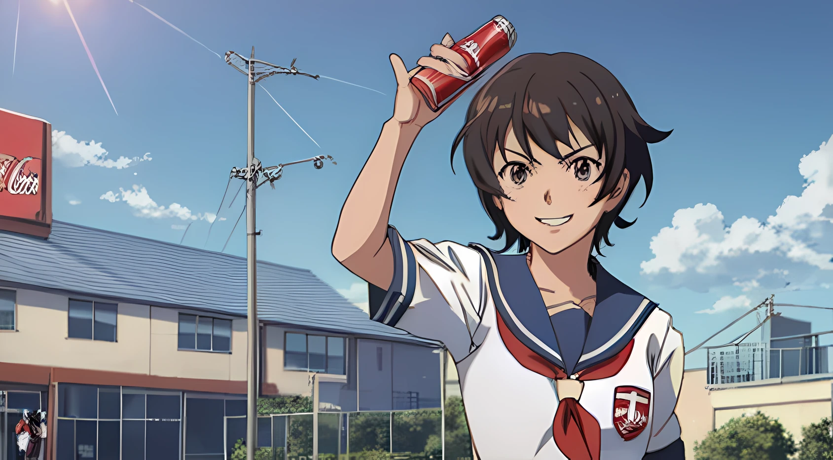 Shinkai Makoto style, 9 year old girl,Embarrassing smile
sailor suit,Randoseru
School Building、Coca-Cola