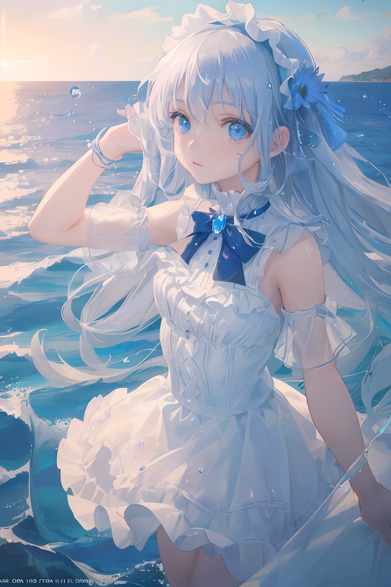 art by Cornflower, Dreamy
(A petite figure，Girl with beautiful eyes. The depth of field in the photo was perfect, and the lens flare added a nice touch. The meticulous facial features on her face are really prominent, And the score of this photo is definitely greater than 10. in the background, There is a beautiful ocean，The sea is crystal clear，There are water droplets on the surface of the water. It's a stunning photo，Really captured the beauty of the girl and the water.)