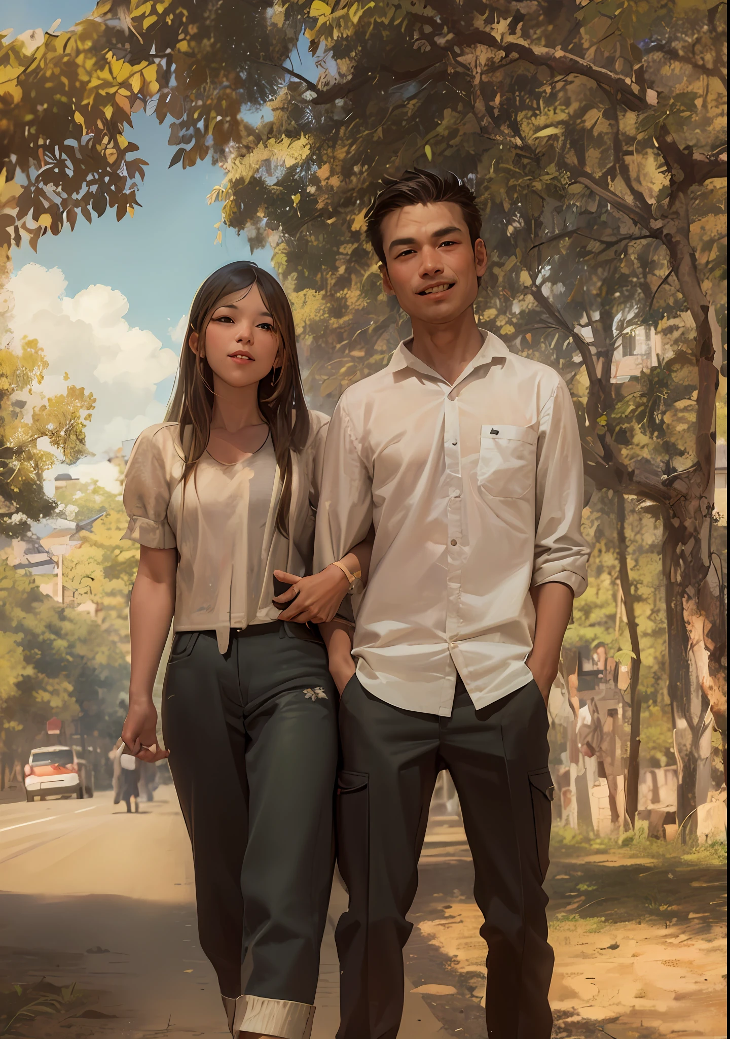 On the dirt roads in the countryside, the Chen couple wore high-end tailor-made clothes covered in mud. They held hands and walked hard step by step. In the background, the landscape and farmland in the countryside can be depicted.