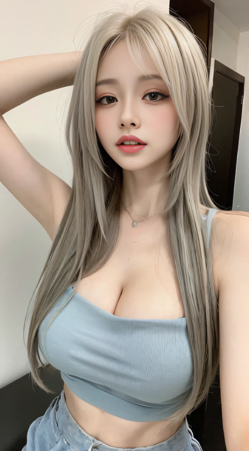 perfect figure beautiful woman：1.4，Layered Hair Style，Protruding cleavage：1.2，Wear only bandeau，Highly Detailed Face and Skin Textur，Narrow eyes，二重まぶた，Whitens the skin，long whitr hair