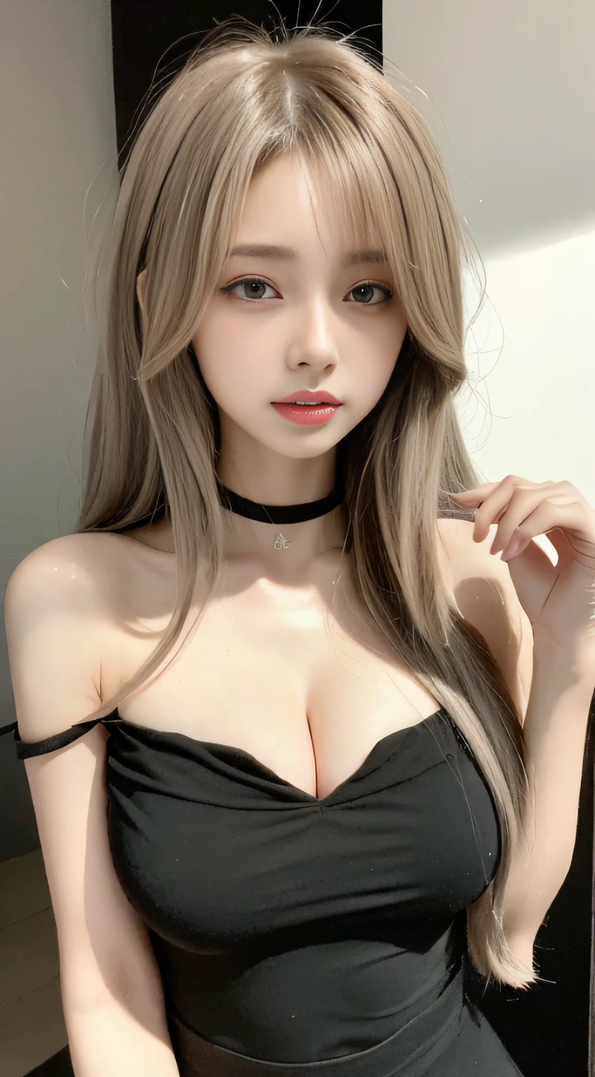 perfect figure beautiful woman：1.4，Layered Hair Style，Protruding cleavage：1.2，Wear only bandeau，Highly Detailed Face and Skin Textur，Narrow eyes，二重まぶた，Whitens the skin，long whitr hair