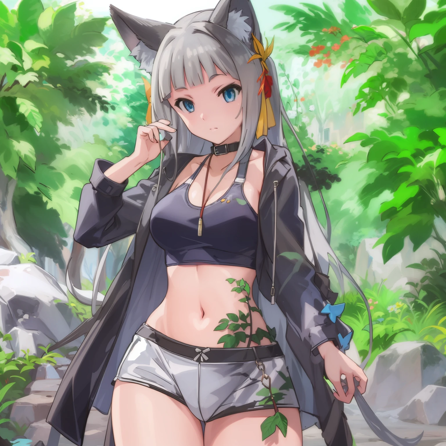 ((Masterpiece)), (Best Quality), Solo, miosha1, hair ornament, ponytail, wolf tail, swimsuit, white shorts, thigh strap, black jacket, leaf print, collar, string bikini, (NSFW:1.2)