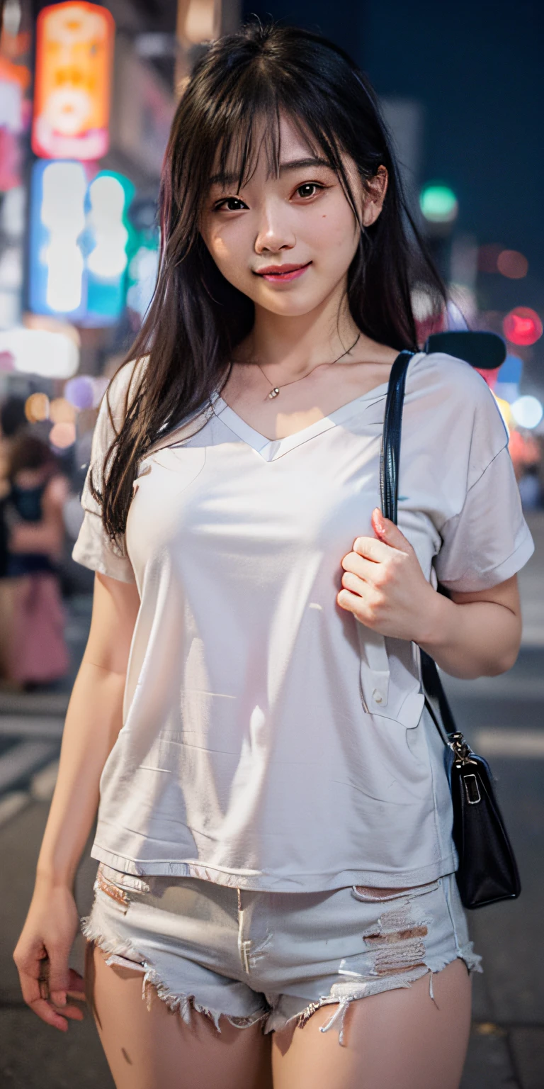 1girl, Tokyo street,night, cityscape,city lights,upper body,close-up,smile,, (8k, RAW photo, best quality, masterpiece:1.2),(realistic, photo-realistic:1.37),