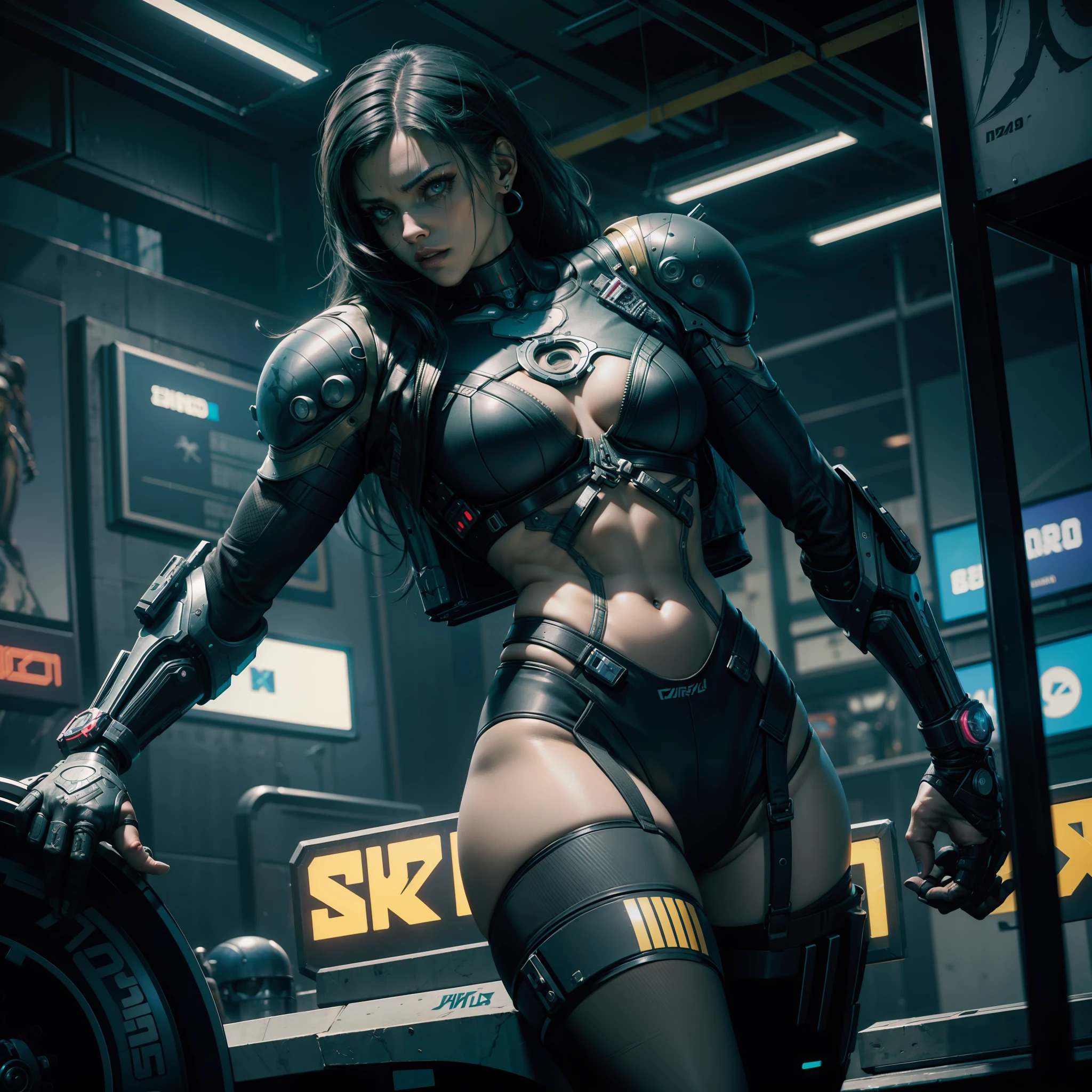 female cyborg, assassin, (perfect anatomy), (sports body), (Sexual), (thick-thighs), (perfect arms), Cyberpunk 2077 Style, Dark ambient