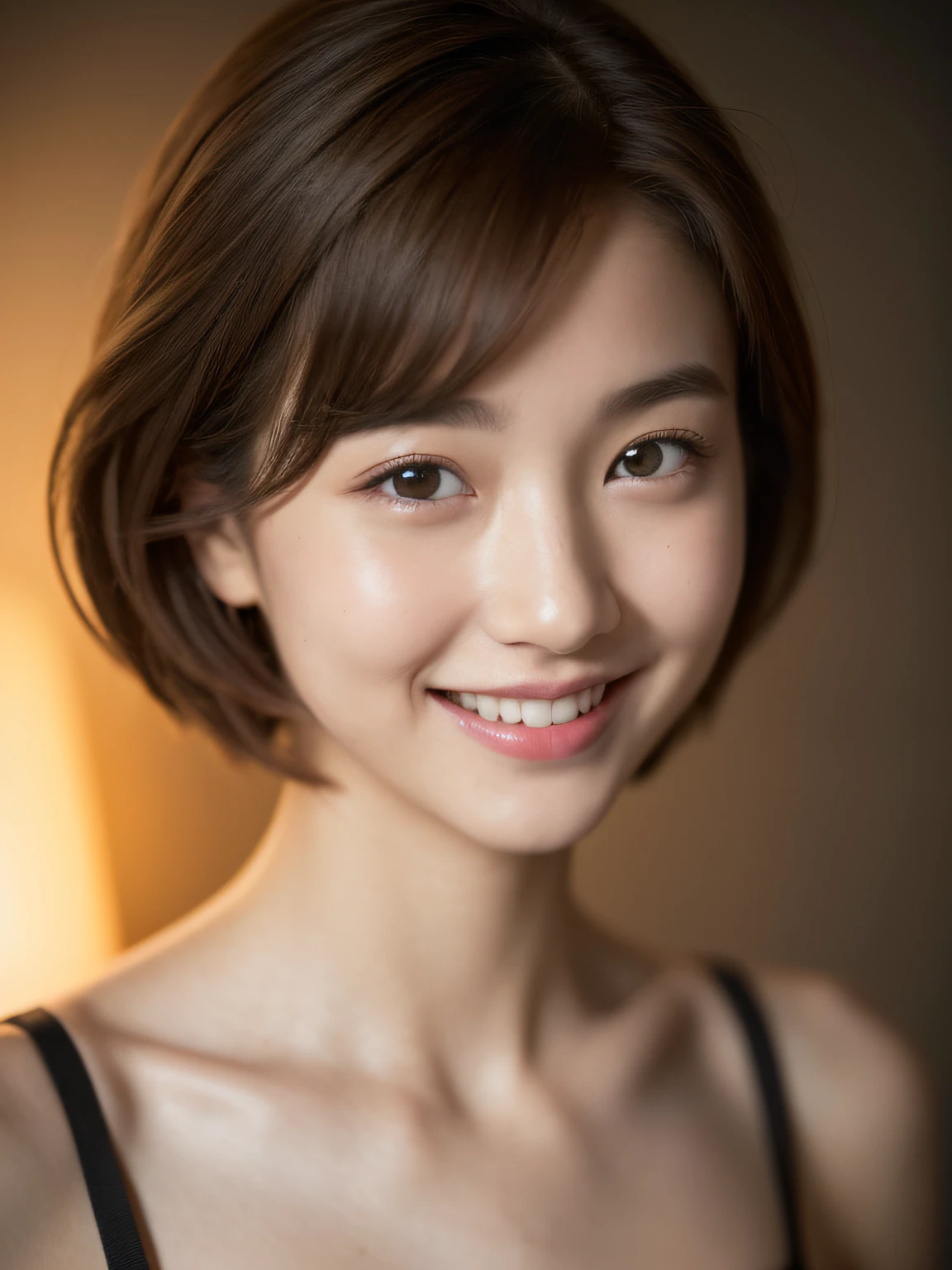 (8K、top-quality、masterpiece:1.2)、(realisitic、photoRealstic:1.37)、ultra-detailliert、女の子1人、cute little、独奏、(A smile:1.15)、(a closed mouth)、Dense beautiful eyes、(Boyish Belly Shorthair:1.2)、The upper part of the body、Cute、Glossy skin、delicated face、Raw photography、Sitting in bed、Professional Lighting、lighting on the face、depth of fields、Single focal length、Whole human body、16-year-old woman、Brown hair、small head、fashionGirl、Strapless Bras、Large bust、