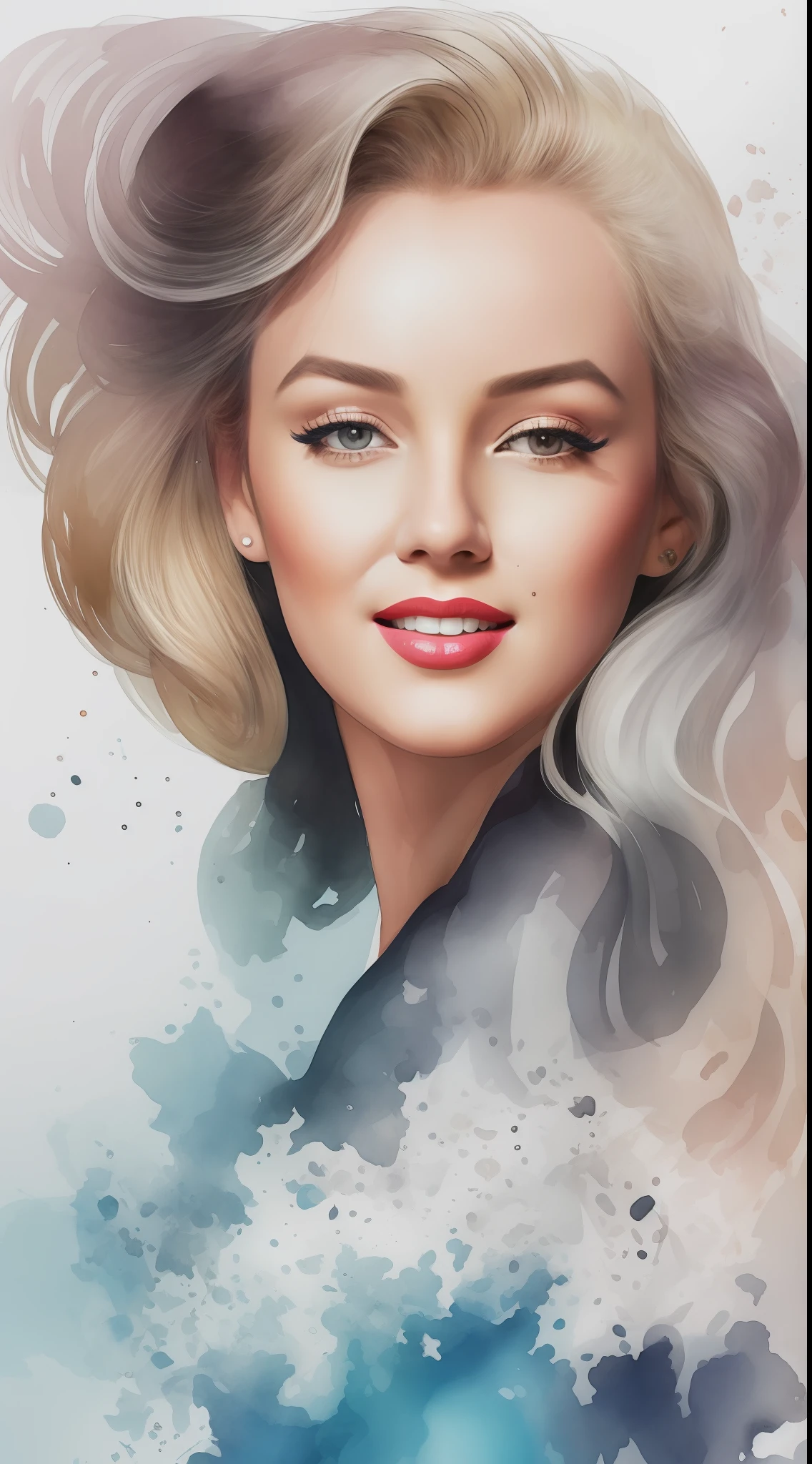 Marilyn Monroe stechu,(white background:1.4), (( Vogue fashion)), original,(illustration:1.1),(best quality),(masterpiece:1.1),(extremely detailed CG unity 8k wallpaper:1.1), (colorful:0.9),(panorama shot:1.4),(solo:1.2), (ink splashing),(color splashing),((watercolor)), clear sharp focus,{ 1girl standing },(24 years old)((Vogue fashion style )),flower background,outdoors,Lilys, looking at viewer, make happy expressions,soft smile,pure,beautyfull detailed face and eyes,beautyfull intricacy clothing decorative pattern details, black hair,black eyes,colorwater