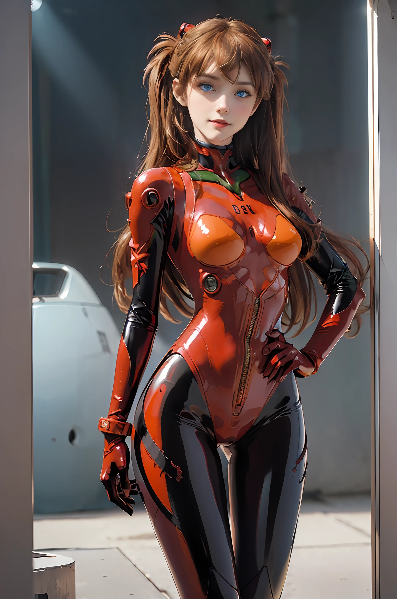 Masterpiece,8k,3D,((Full body),(Realistic),Photography,Top quality,Official Art,(((1 female NSFW1.1))),((Souryu Aska Langley, Solli Aska Langley,Plug suit 02:1.2),20 years old,(Tall,Small face))),Vivid coloring: 1.1,(From bottom:1.2)),Dynamic angle,(Face and eye details:1.1),Detailed face, Detailed lips,Detailed eyes, Double eyelids, ((((Beautiful face, Beautiful eyes, Blue eyes:1.2)), Wet eyes, Thin sharp pale eyebrows, Long eyelashes, Long lower eyelashes, (((Seductive smile)), (Delicate and beautiful fingers)), slender and muscular, (Tall and small face),(Perfect proportions: 1.1),(High-leg swimsuit: 1.2), (see-through), Mirror-shining bodysuit, Crimson shiny rubber suit, Translucent shiny red tight suit, glossy metallic details, shiny red holographic leather, red tight gloves, pointed chest: 1.2, (((shiny black tight latex on the inside of the arms)), (black connection under the chest in an exact circle: 1.5)), black connection part of the shoulder is a circle), two simple thick black latex lines from the thigh to the buttocks, The green part of the shoulder blades, the small logo pattern on the chest is 02, long legs, thin waist, thin skin, self-righteous, arrogant, blush, (shy)), very delicate and beautiful girl, movie lighting, crotch grab, dynamic pose, model pose, beautiful light brown hair, twin tails, movie lighting: 1, (open sea: 1.2, aircraft carrier ship: 1.2,  blue sky: 1.2, strong natural light, detailed background, Nikko), DSLR, Fujifilm XT3, Sharp Focus: 1.2, maximum clarity and sharpness, multi-layer textures, albedo and specular maps, surface shading, accurate simulation of light-matter interactions,