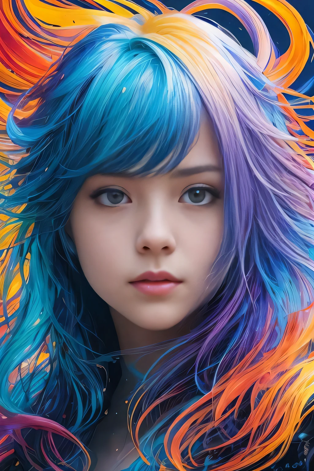Colorful beautiful girl: a giru 8-, messy hair, oil painting, nice perfect face with soft skinice perfect face, blue yellow colors, light purple and violet additions, light red additions, intricate detail, splash screen, 8k resolution, masterpiece, cute face,artstation digital painting smooth veryBlack ink flow: 8k resolution photorealistic masterpiece: intricately detailed fluid gouache painting: by Jean Baptiste Mongue: calligraphy: acrylic: watercolor art, professional photography, natural lighting, volumetric lighting maximalist photoillustration: by marton bobzert:, complex, elegant, expansive, fantastical, wavy hair, vibrant