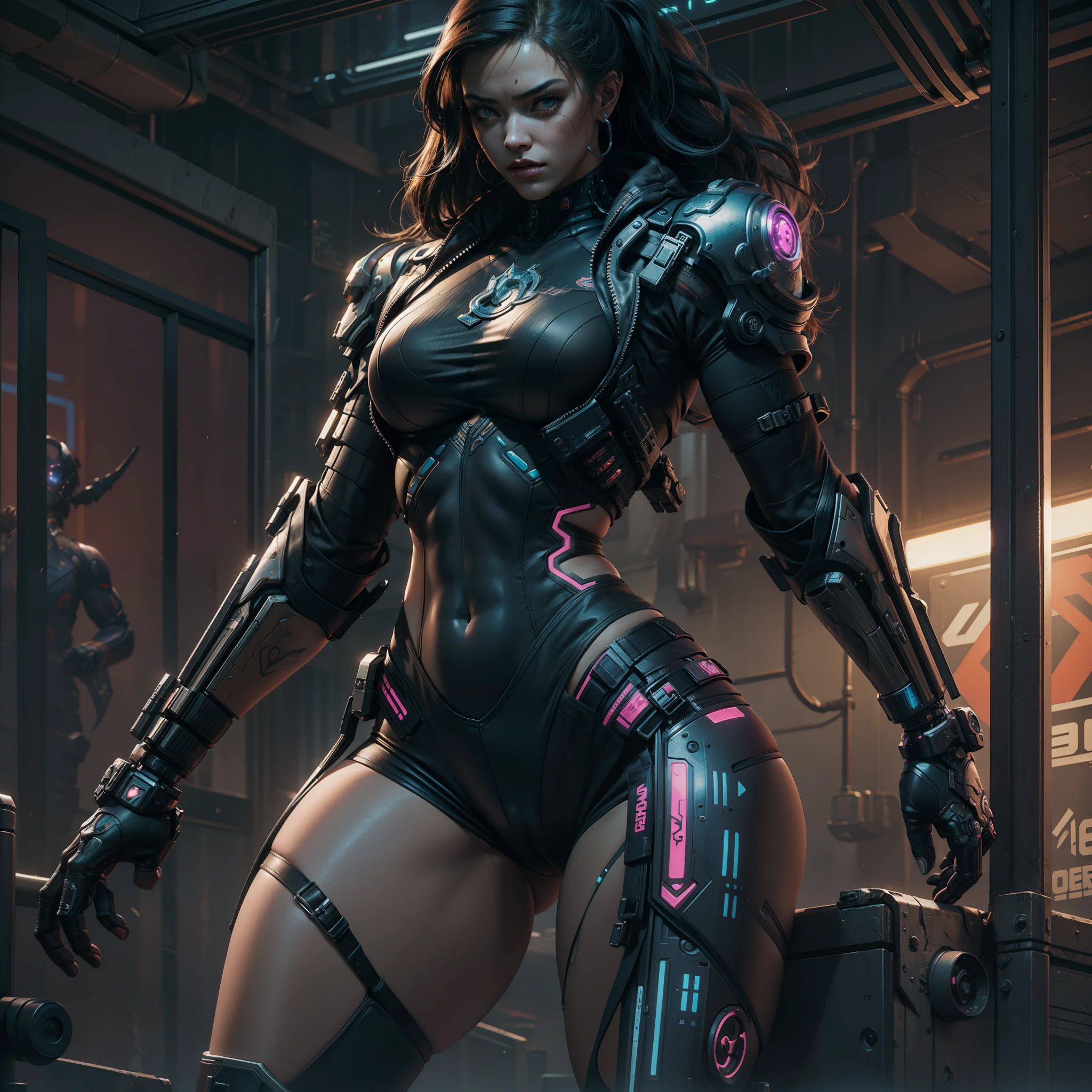 female cyborg, assassin,  (perfect anatomy), (sports body), (Sexual), (thick-thighs), (perfect arms), Cyberpunk 2077 Style, Dark ambient