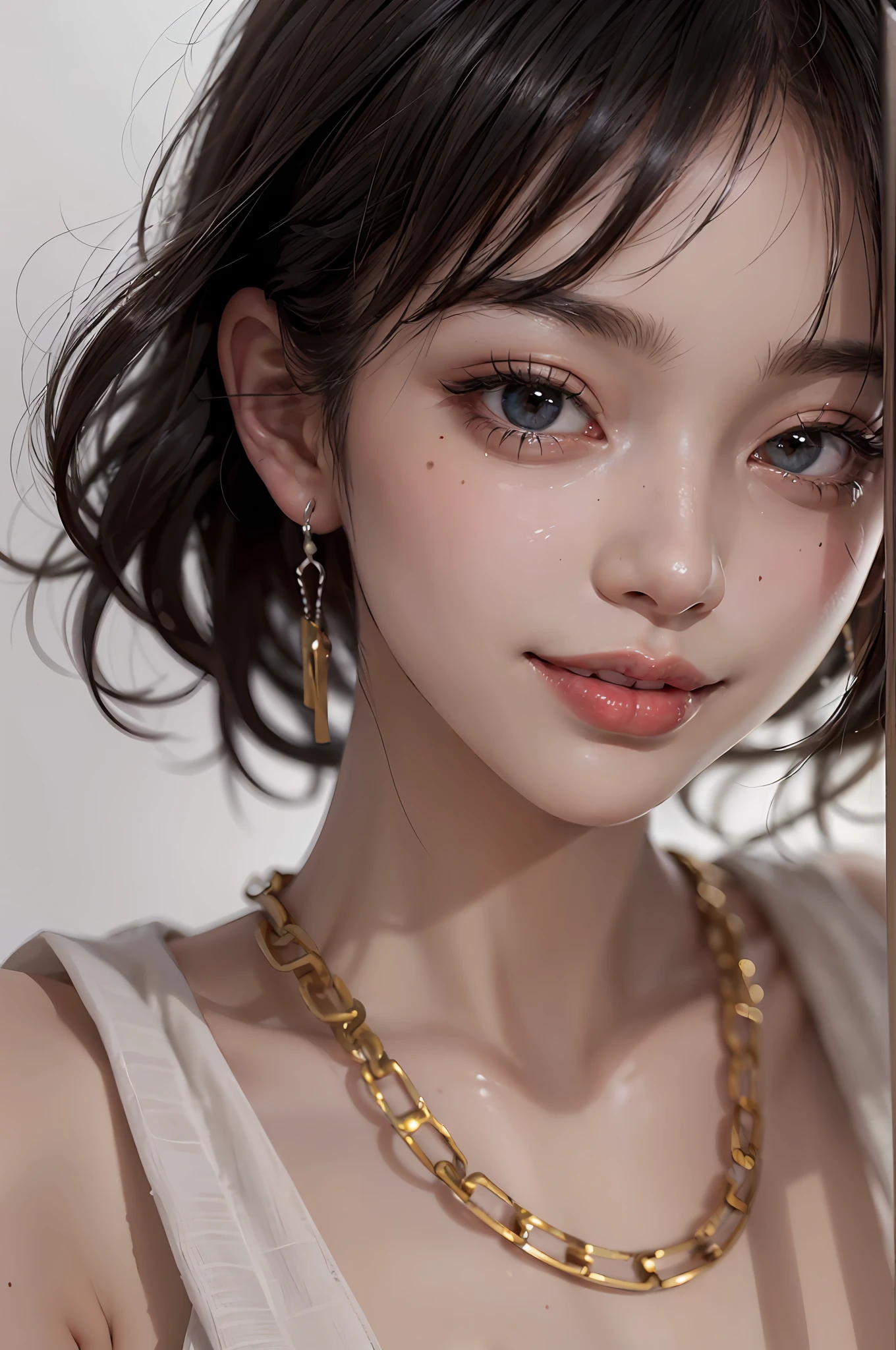 SeaArt Bot Variations 13:44:05 ((Masterpiece, Best Quality, High Definition)), 1 Girl, (Photorealistic: 1.4), Solo, White Background, Pure White Background, Mouth Closed, Happy Smile, Happy Smile, Pretty Black Hair, Short Hair, Big Eyes, Clear Double Eyelids, Eyelashes, Ears Out, Long Neck, Absolute Area, Skirt, ((Face Close-Up) ), (draw all head, shoulders), 19 years old, attractive proportions, shiny skin, clean collarbone, face in golden proportions, perfect face, tearful mole, mole on chest, bangs, clean bangs, lip gloss, thin lips, white skin, naked, big breasts