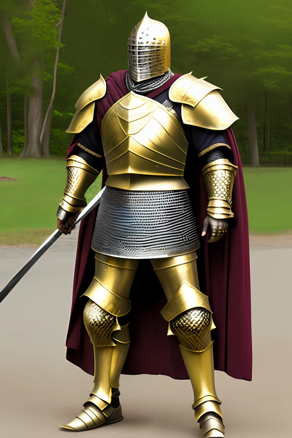 Silver gold-rimmed armor male holding sabre chain mail