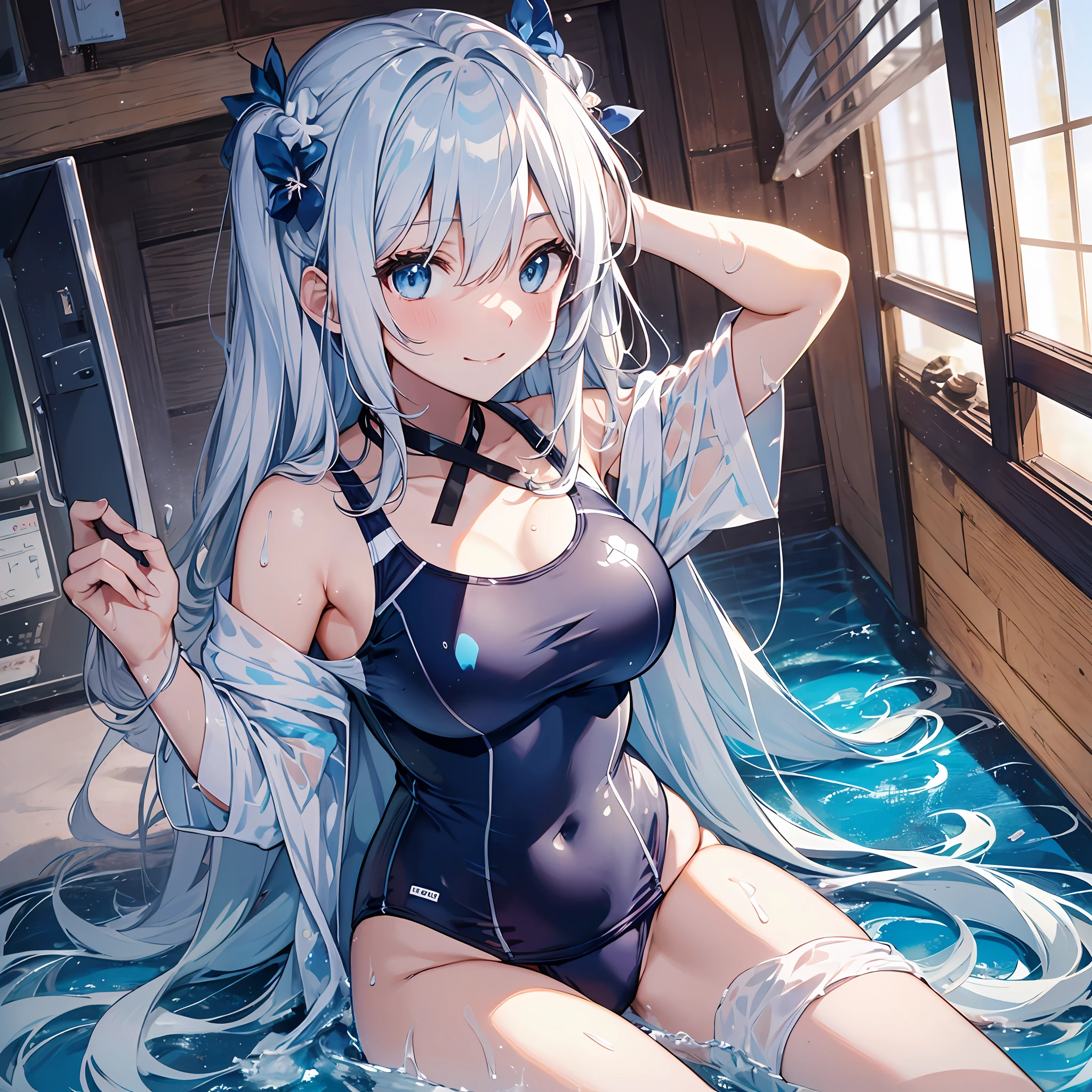 (of the highest quality、8K、masutepiece)) ((( Blue luxury swimsuit　sodden))) (((White hair )))++　Blue hair ornament　Anime characters with long gray hair and blue eyes、anime visual of a young woman、Today's featured anime stills、white haired god、Official art、Anime visuals of cute girls、popular isekai anime、Tsuaii、Marisa Drizzle、Animated Movies、Still from the TV smile　full body Esbian　　during the day　夏天　the beach　Miwaki