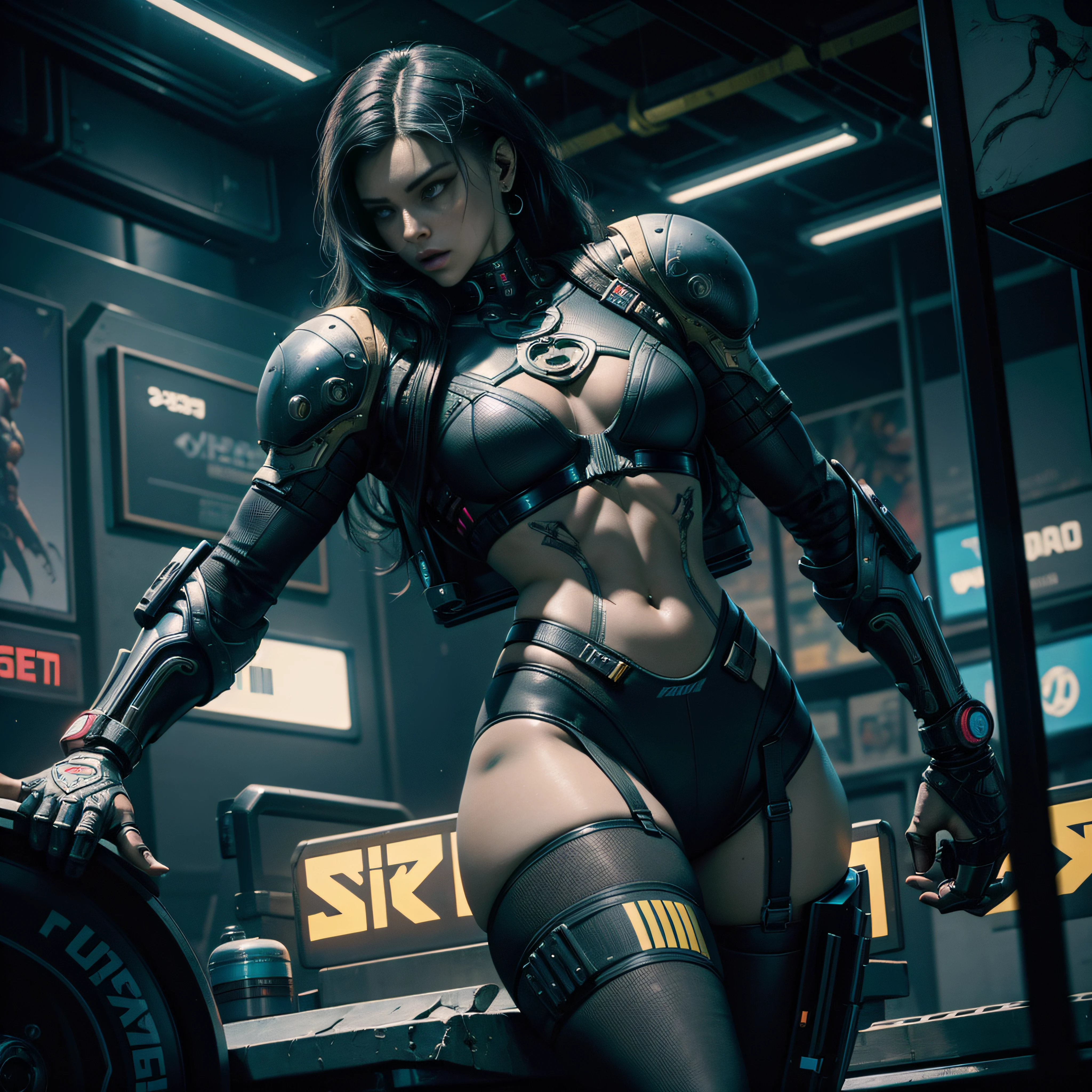 female cyborg, assassin, (perfect anatomy), (sports body), (Sexual), (thick-thighs), (perfect arms), Cyberpunk 2077 Style, Dark ambient